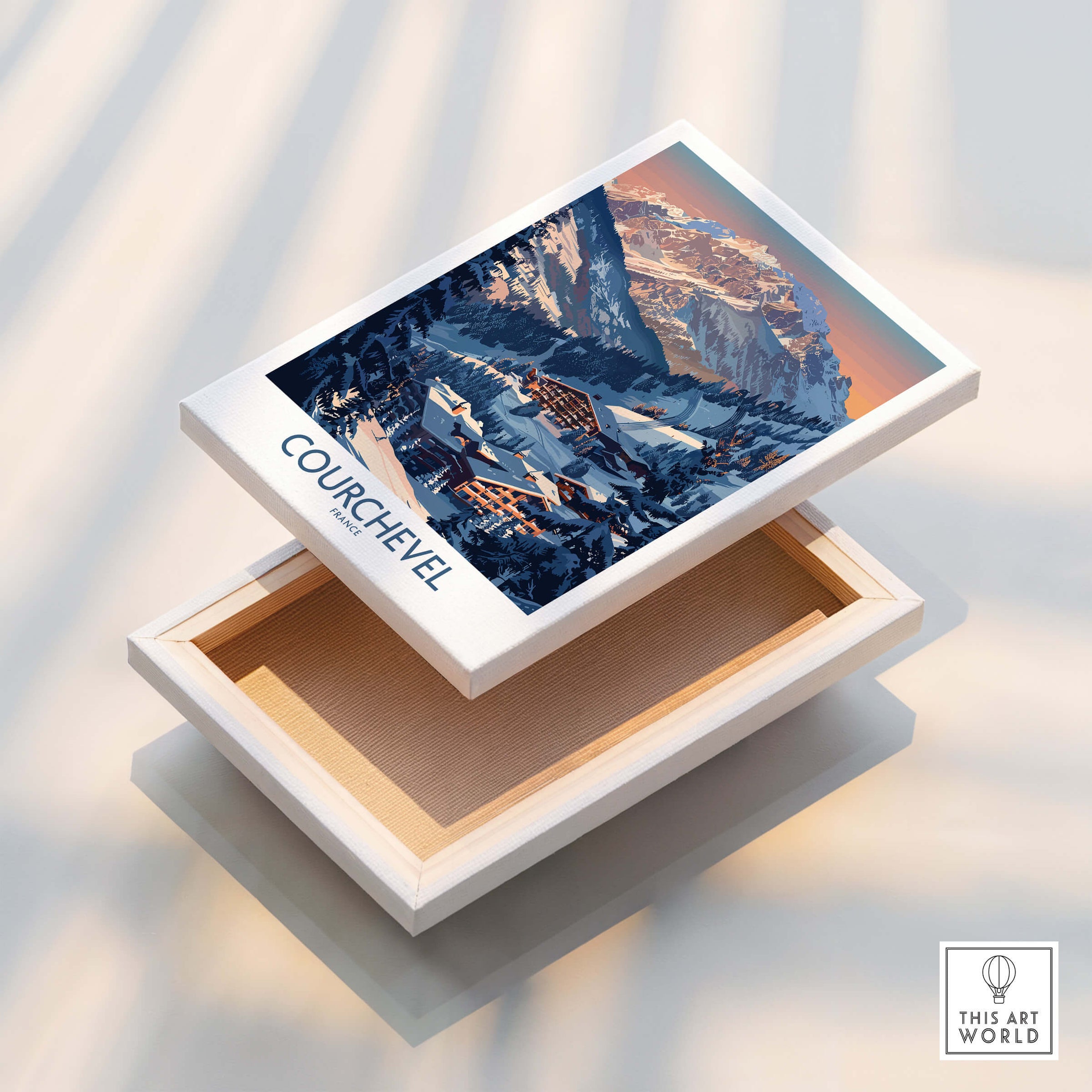 Courchevel Ski Print -  France displayed on a box, showcasing the beauty of the French Alps.