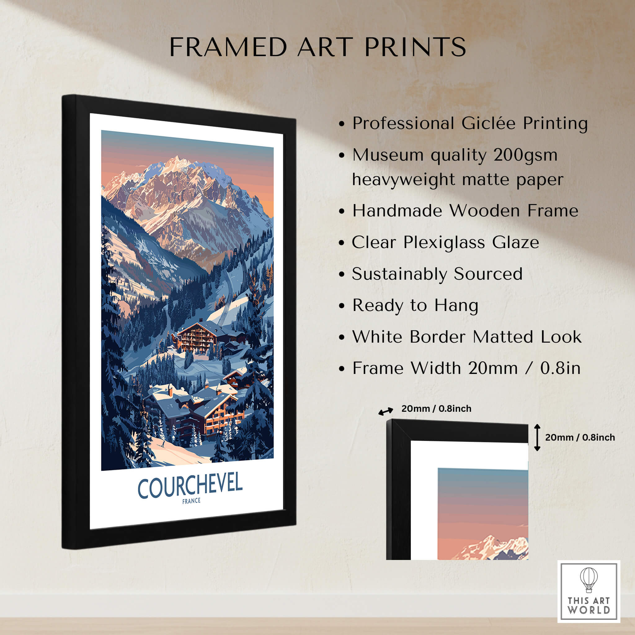 Courchevel Ski Print - France framed art print showcasing stunning winter landscape in the French Alps.