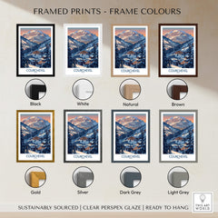 Framed prints in various colors showcasing the Courchevel Ski Print - France, including black, white, natural, and brown frames.