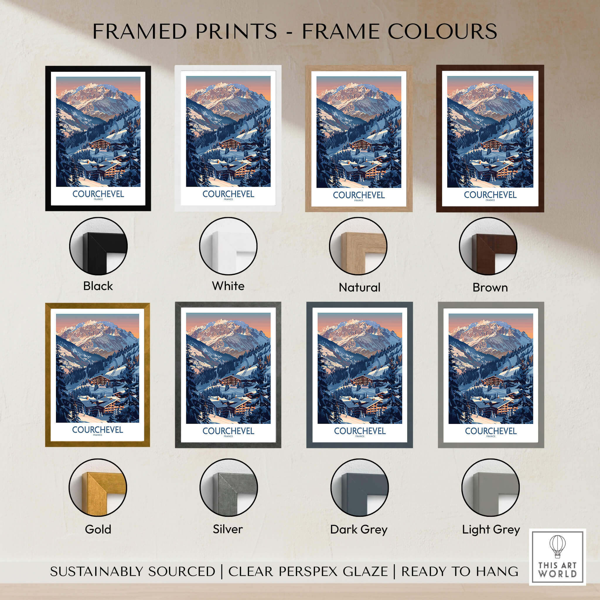 Framed prints in various colors showcasing the Courchevel Ski Print - France, including black, white, natural, and brown frames.