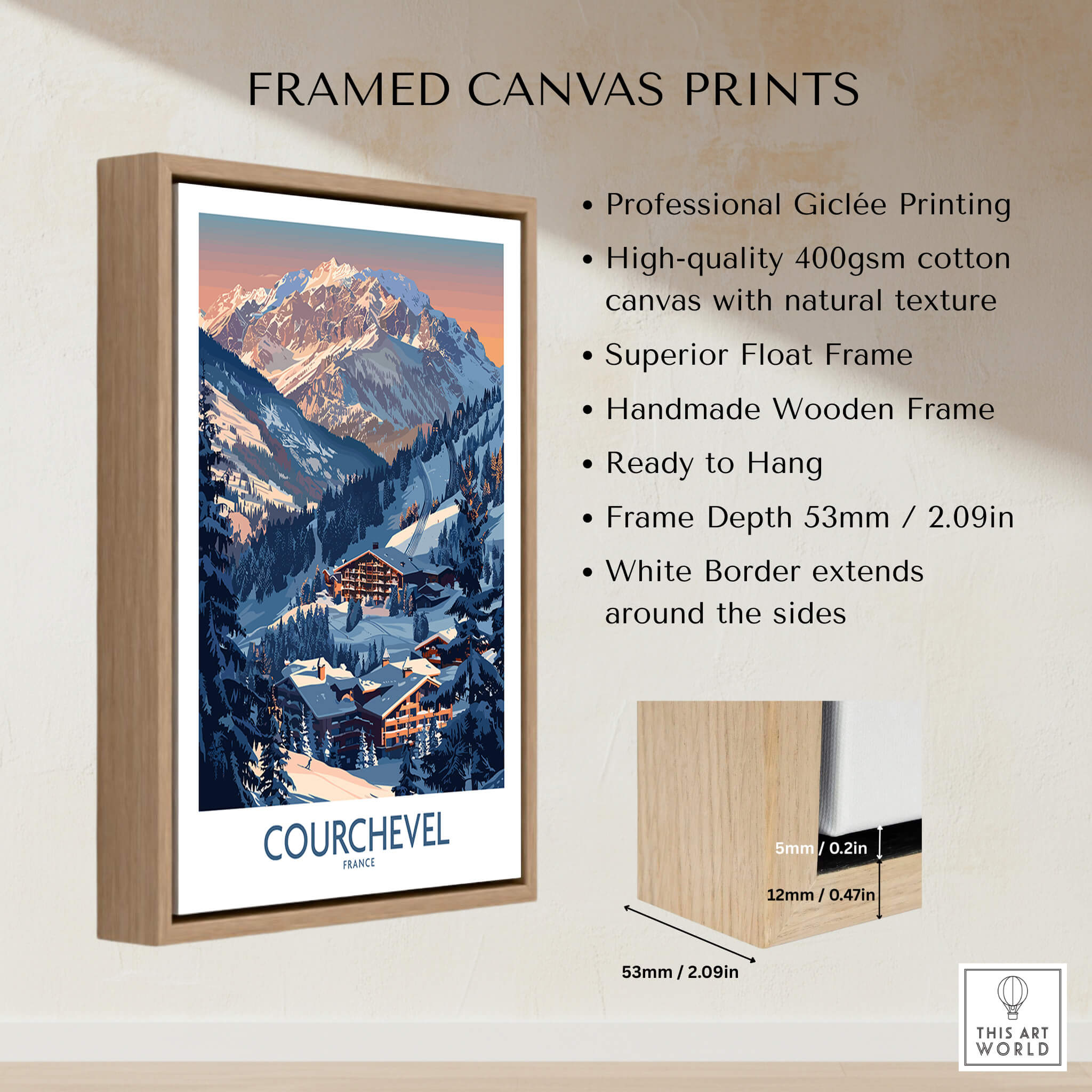 Courchevel Ski Print - France framed canvas print with wooden frame and stunning mountain scenery.