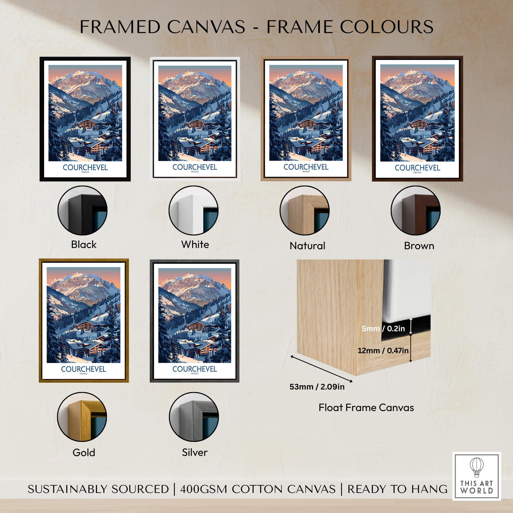Framed Courchevel Ski Print - France in various frame colors: Black, White, Natural, Brown, Gold, Silver.