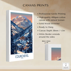 Courchevel Ski Print - France showcasing a Giclée canvas print with mountain scenery and ski chalet.
