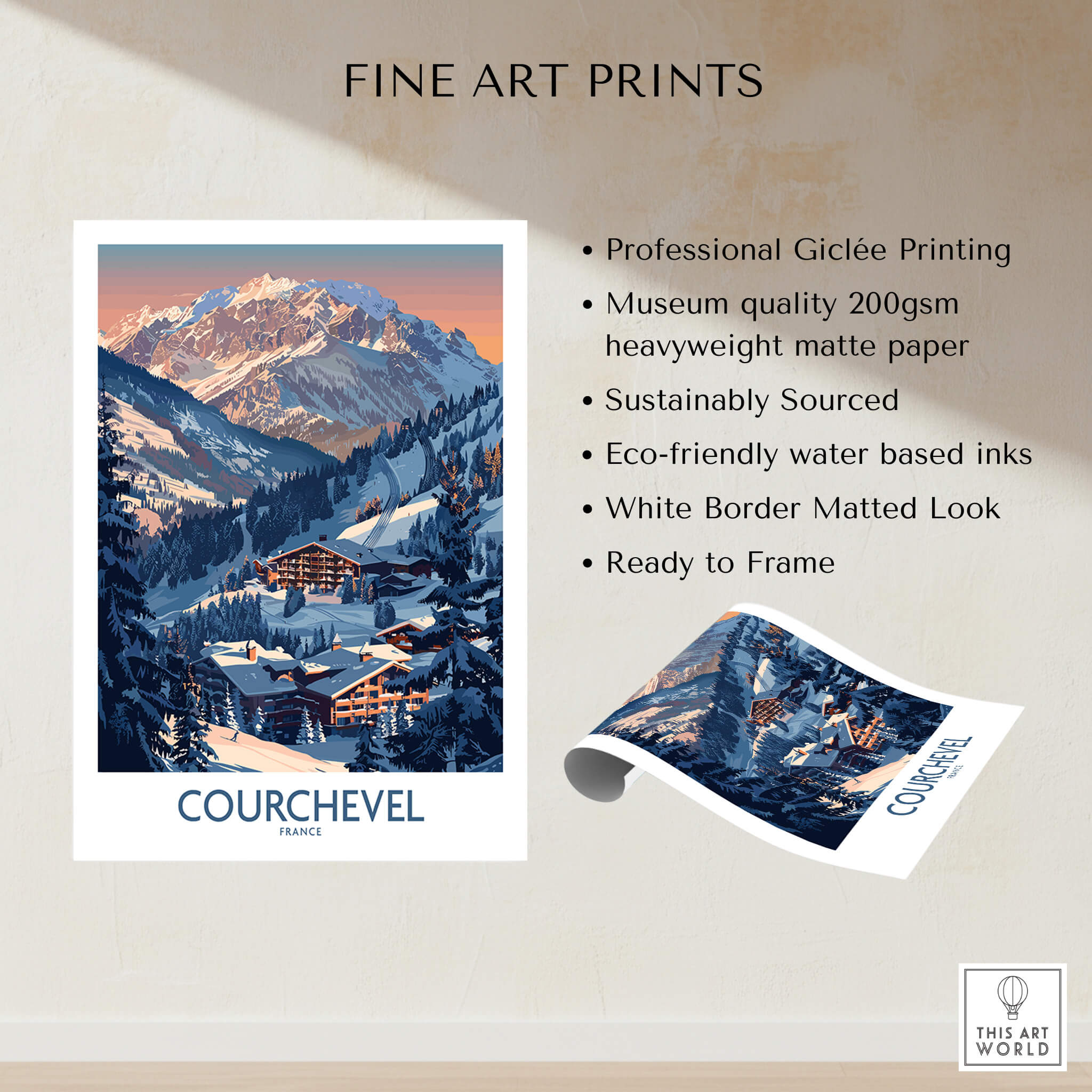 Courchevel Ski Print - France showcasing professional Giclée printing and stunning mountain scenery.
