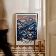 Courchevel Ski Print - France artwork displayed in a cozy interior, showcasing the beauty of the French Alps.