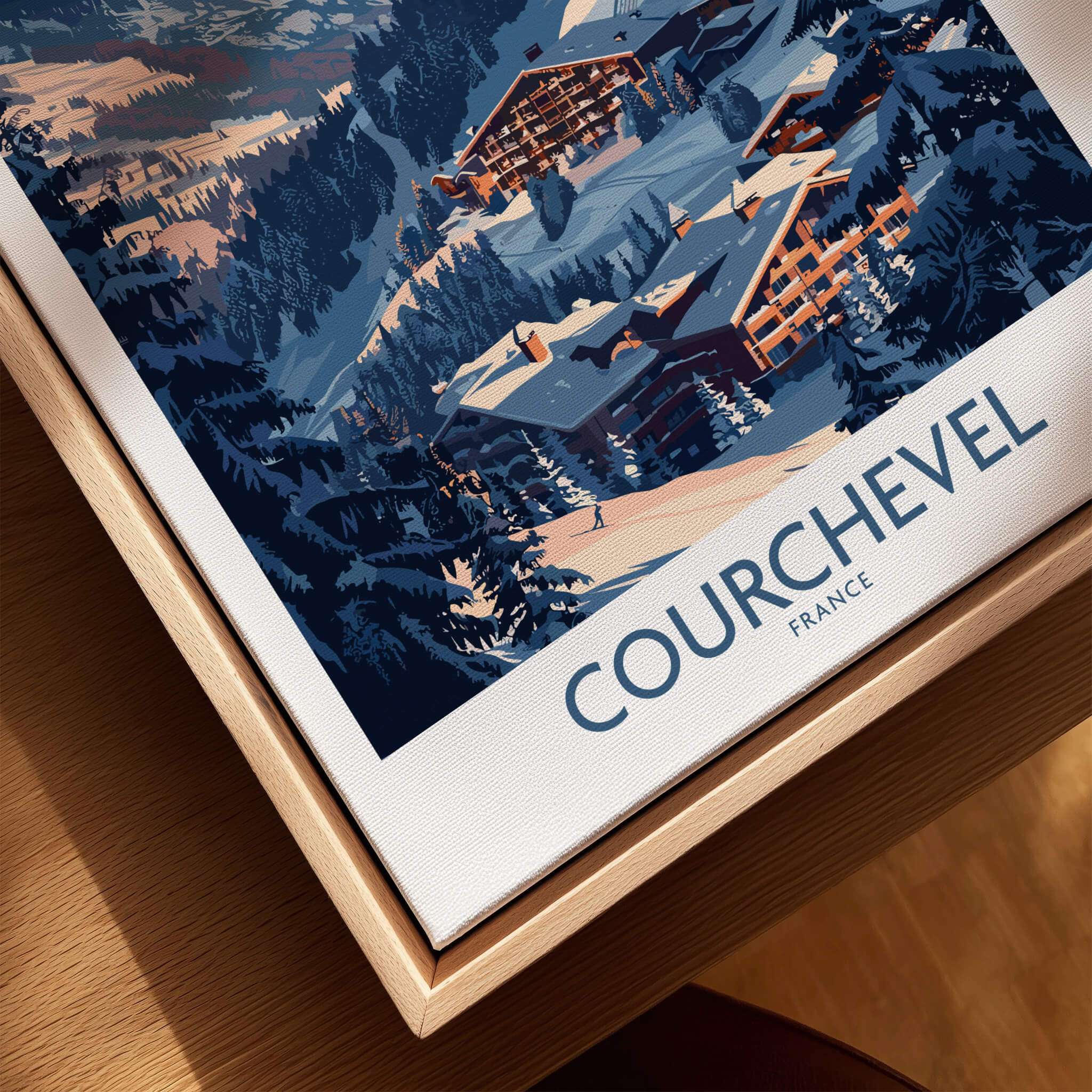 Courchevel Ski Print - France showcasing ski resorts and mountain scenery in the French Alps.
