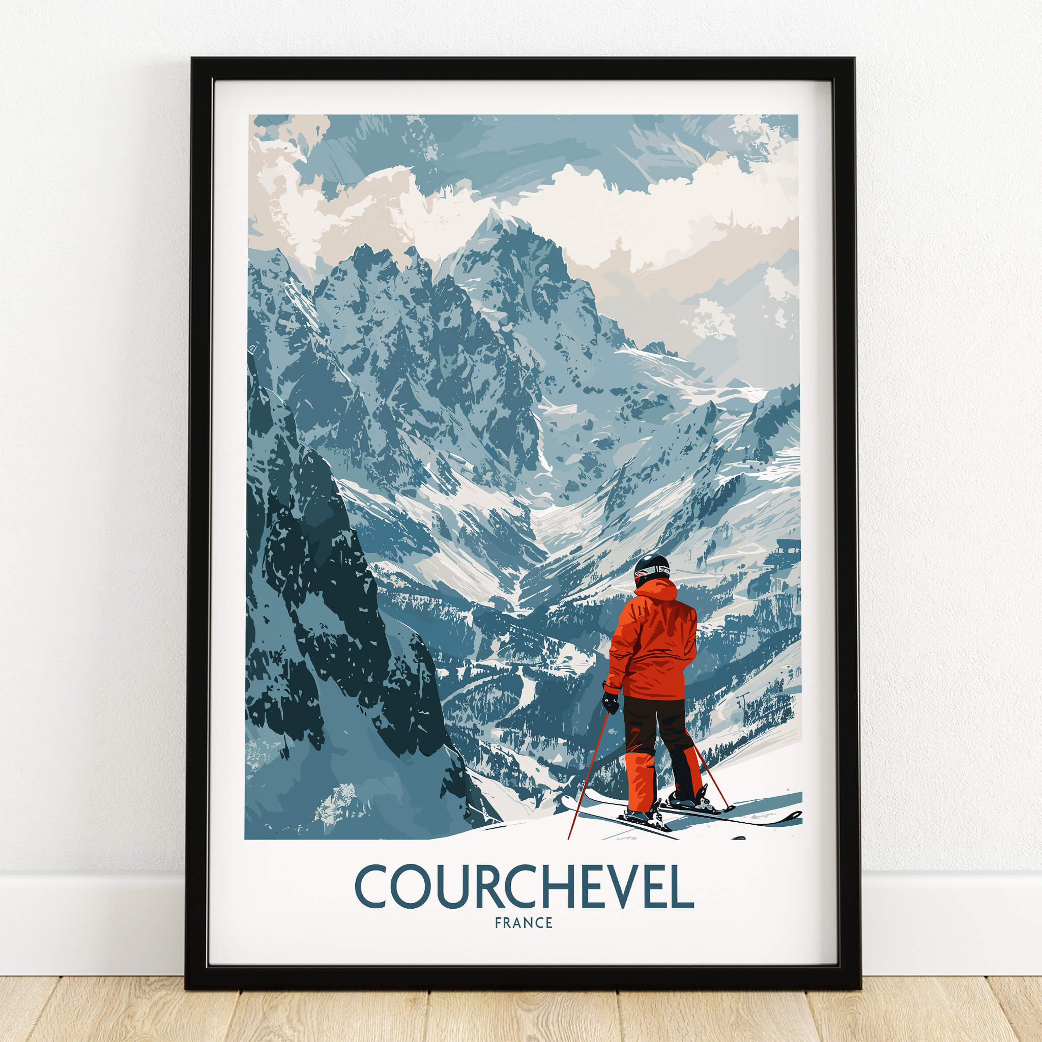 Courchevel Wall Art featuring a skier in an orange jacket on the French Alps, showcasing stunning mountain scenery.
