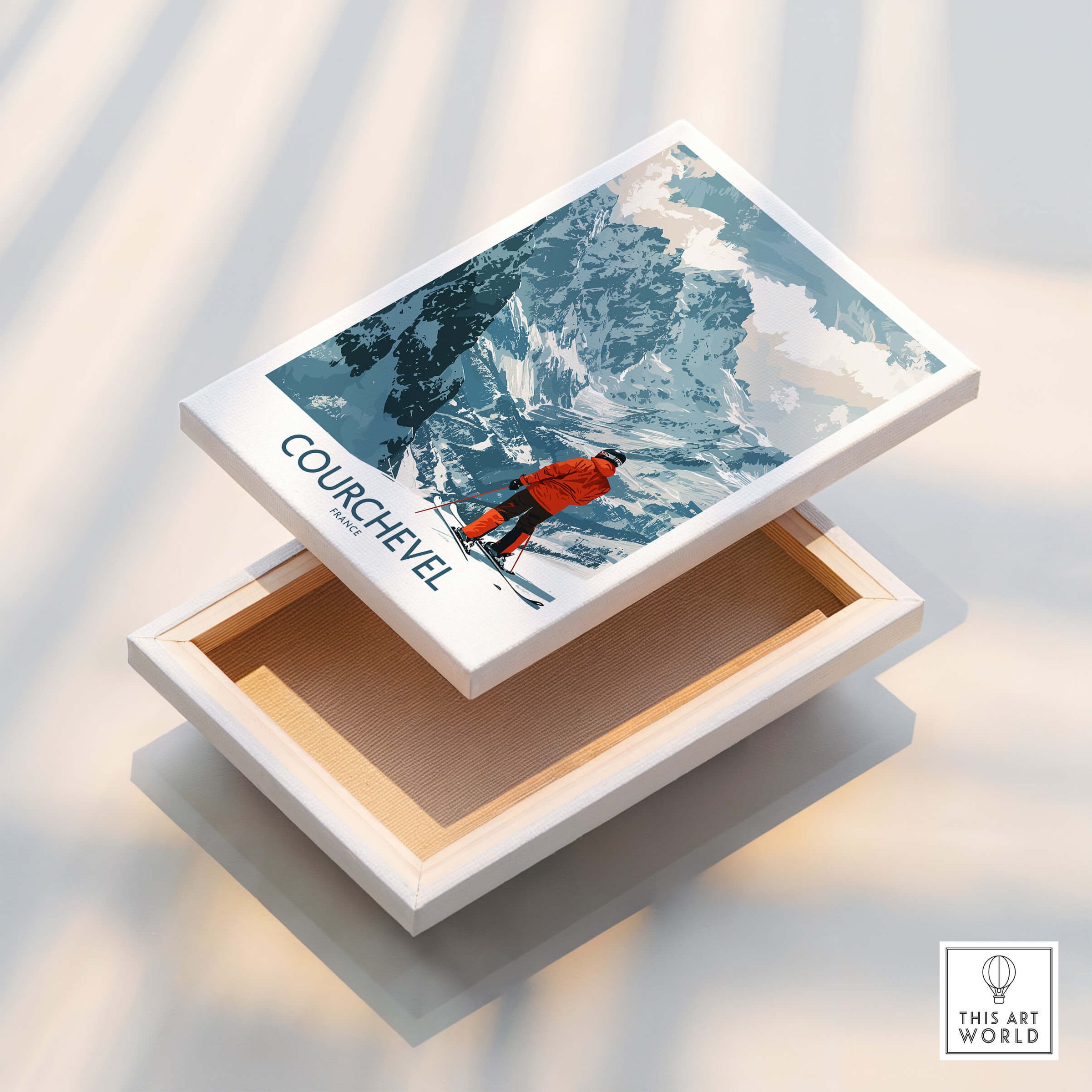 Courchevel Wall Art displayed in a box, showcasing a stunning ski scene from the French Alps.