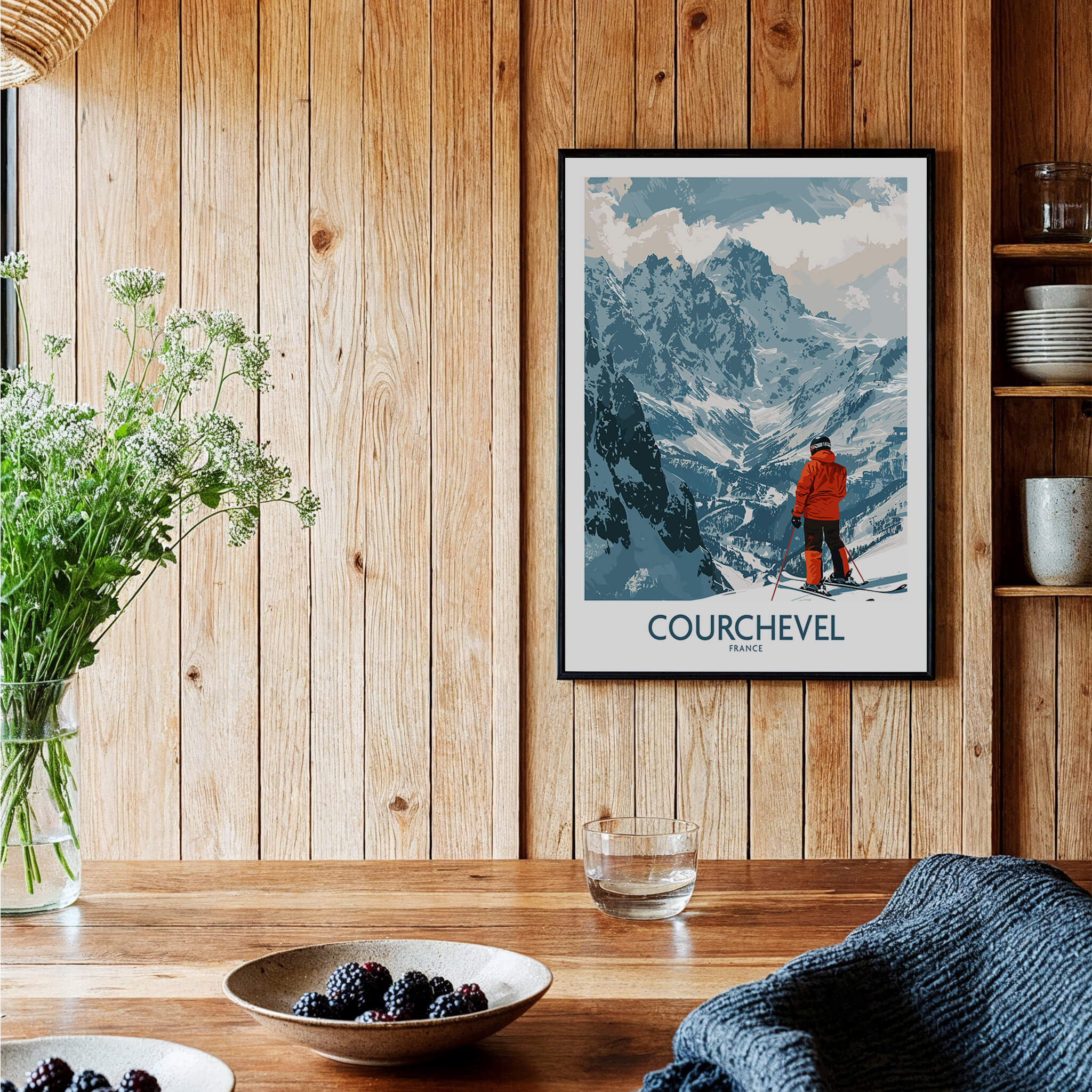 Courchevel Wall Art showcasing a skier in the beautiful French Alps, perfect for adding elegance to any room.