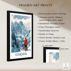 Courchevel Wall Art showcasing framed giclée print with a stunning mountain landscape and a skier in red, elegantly displayed.