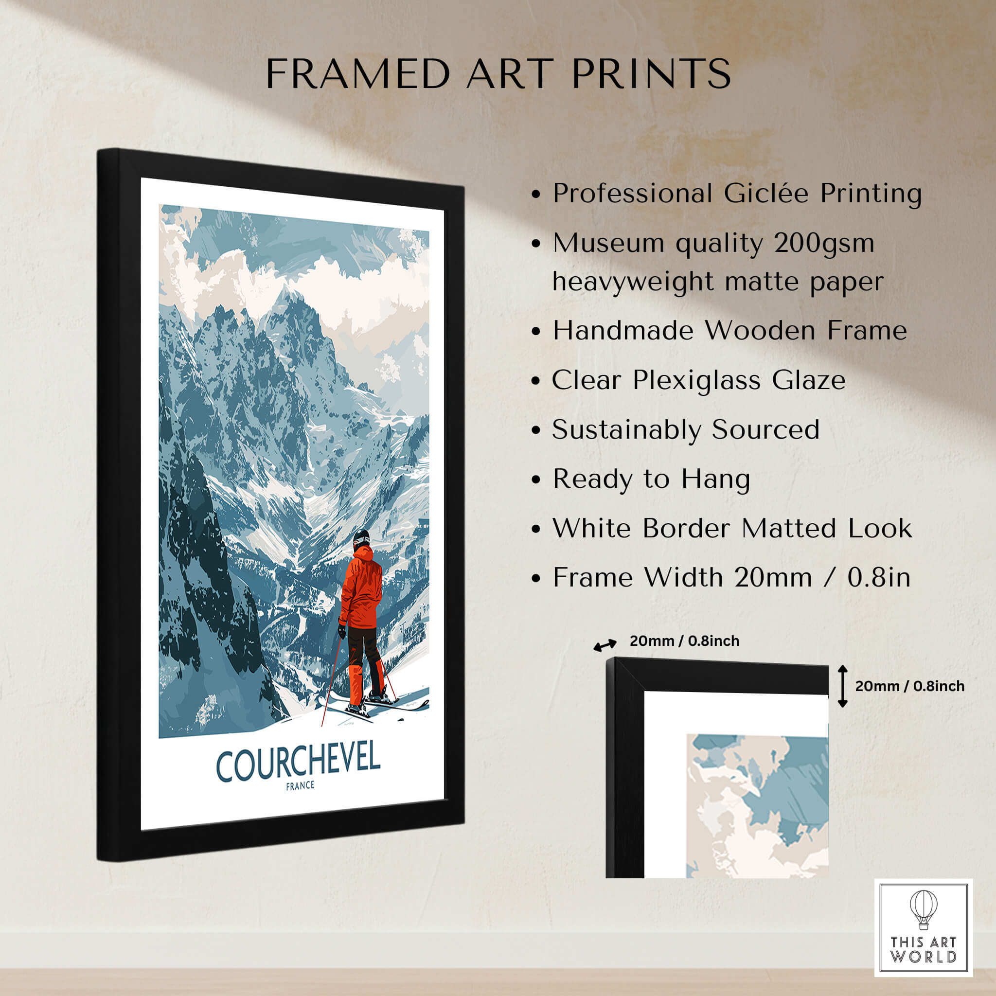 Courchevel Wall Art showcasing framed giclée print with a stunning mountain landscape and a skier in red, elegantly displayed.