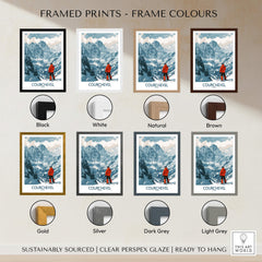 Courchevel Wall Art framed print options displaying black, white, natural, brown, gold, silver, dark grey, and light grey frames.