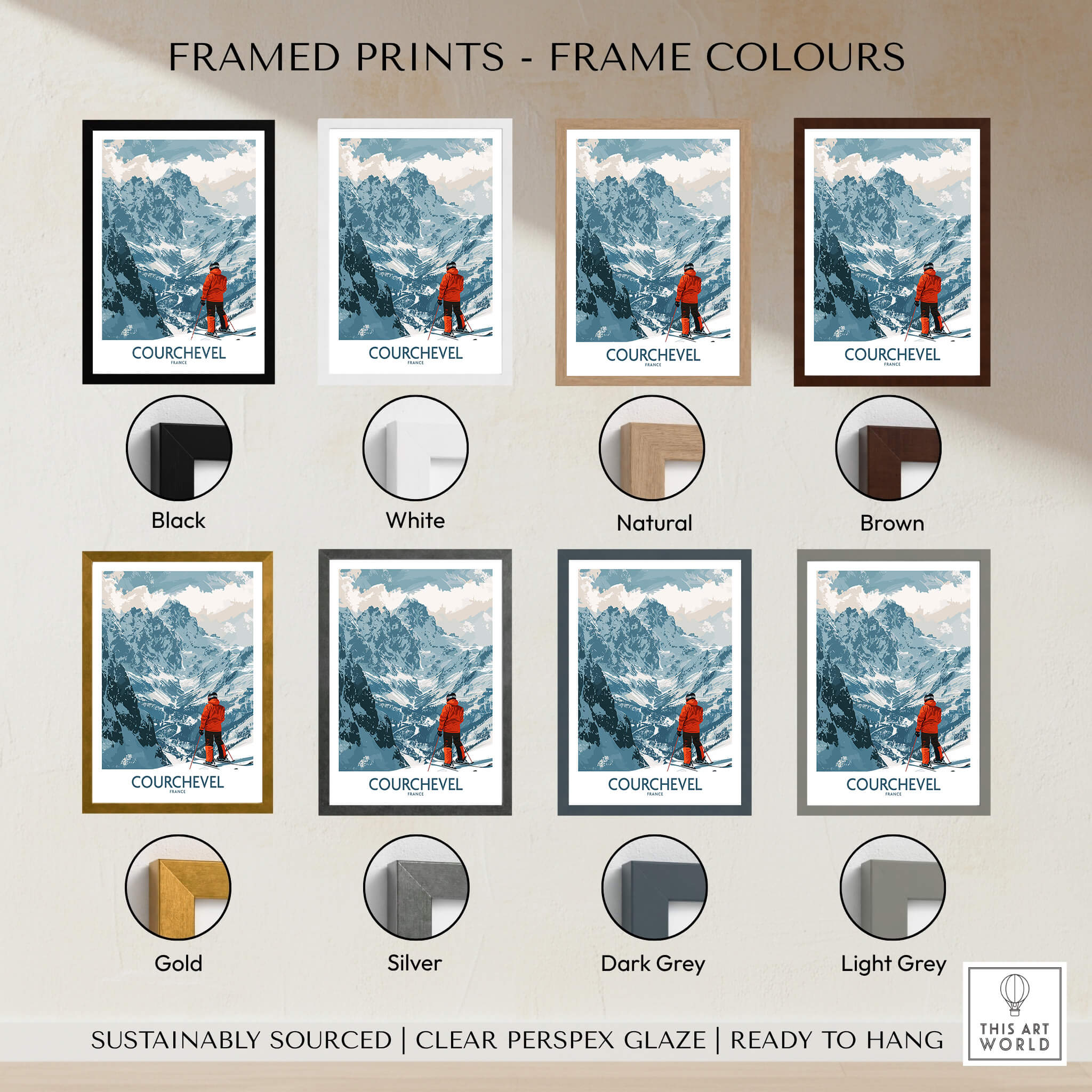 Courchevel Wall Art framed print options displaying black, white, natural, brown, gold, silver, dark grey, and light grey frames.