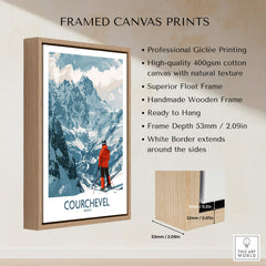 Courchevel Wall Art framed canvas print featuring a skier in the French Alps with a wooden float frame.