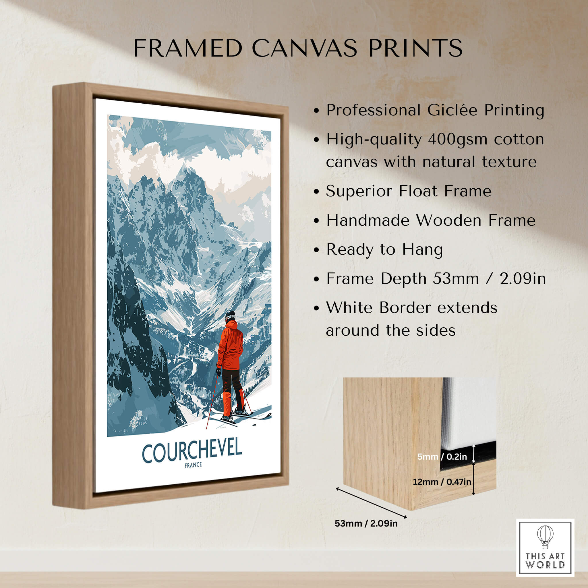 Courchevel Wall Art framed canvas print featuring a skier in the French Alps with a wooden float frame.