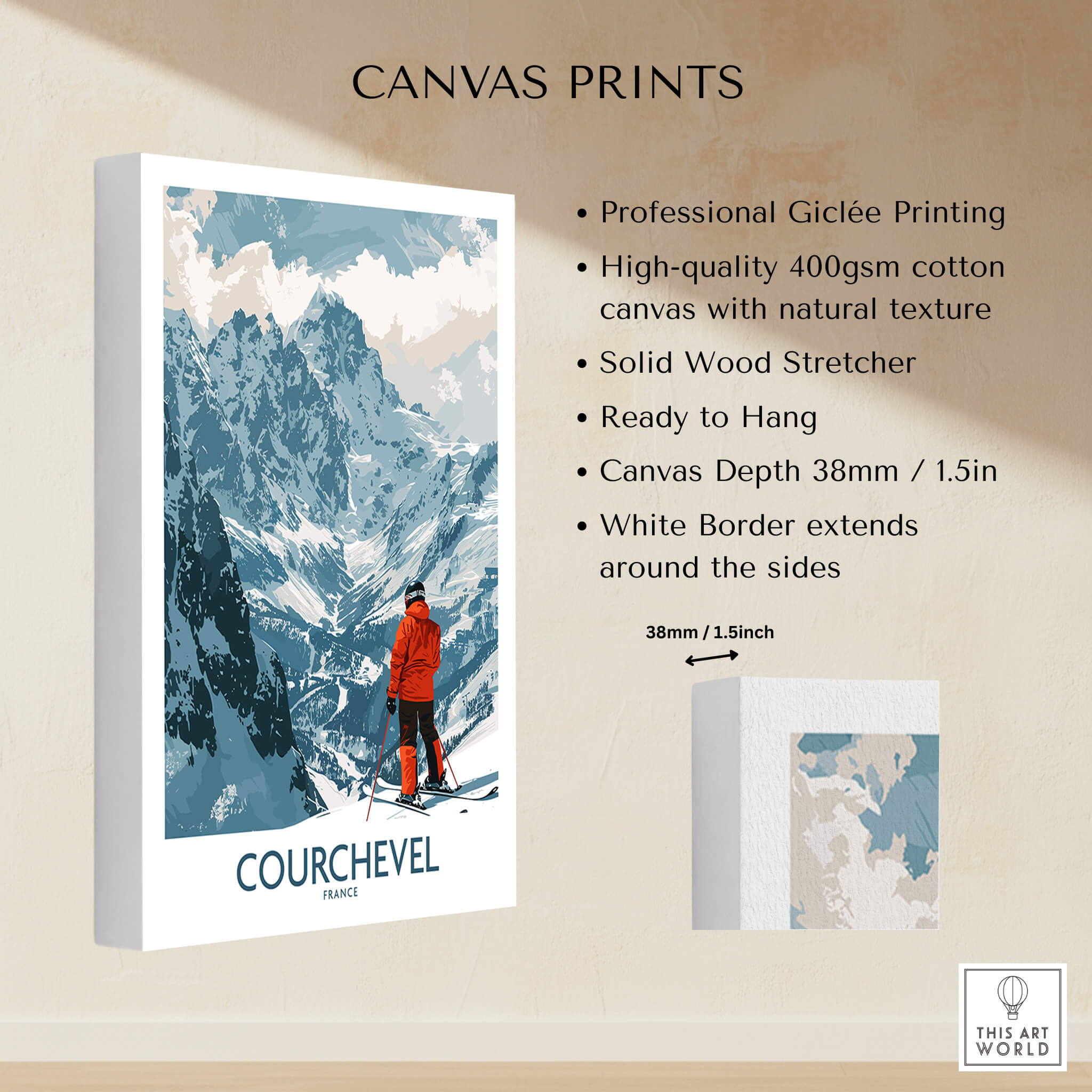 Courchevel Wall Art canvas print featuring a skier in the French Alps with high-quality Giclée printing.