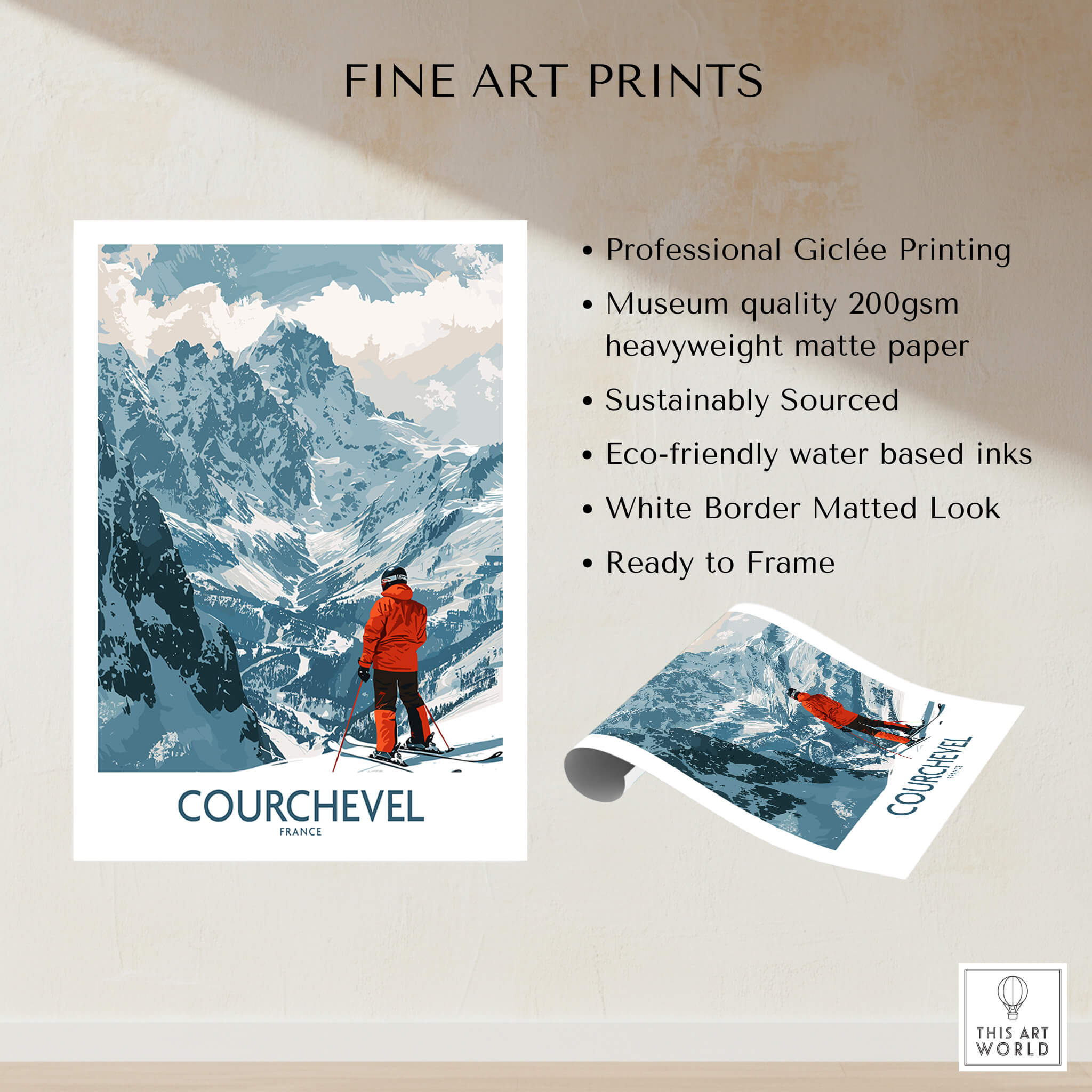 Courchevel Wall Art showcasing a skier in the French Alps, perfect for adding elegance to any room.