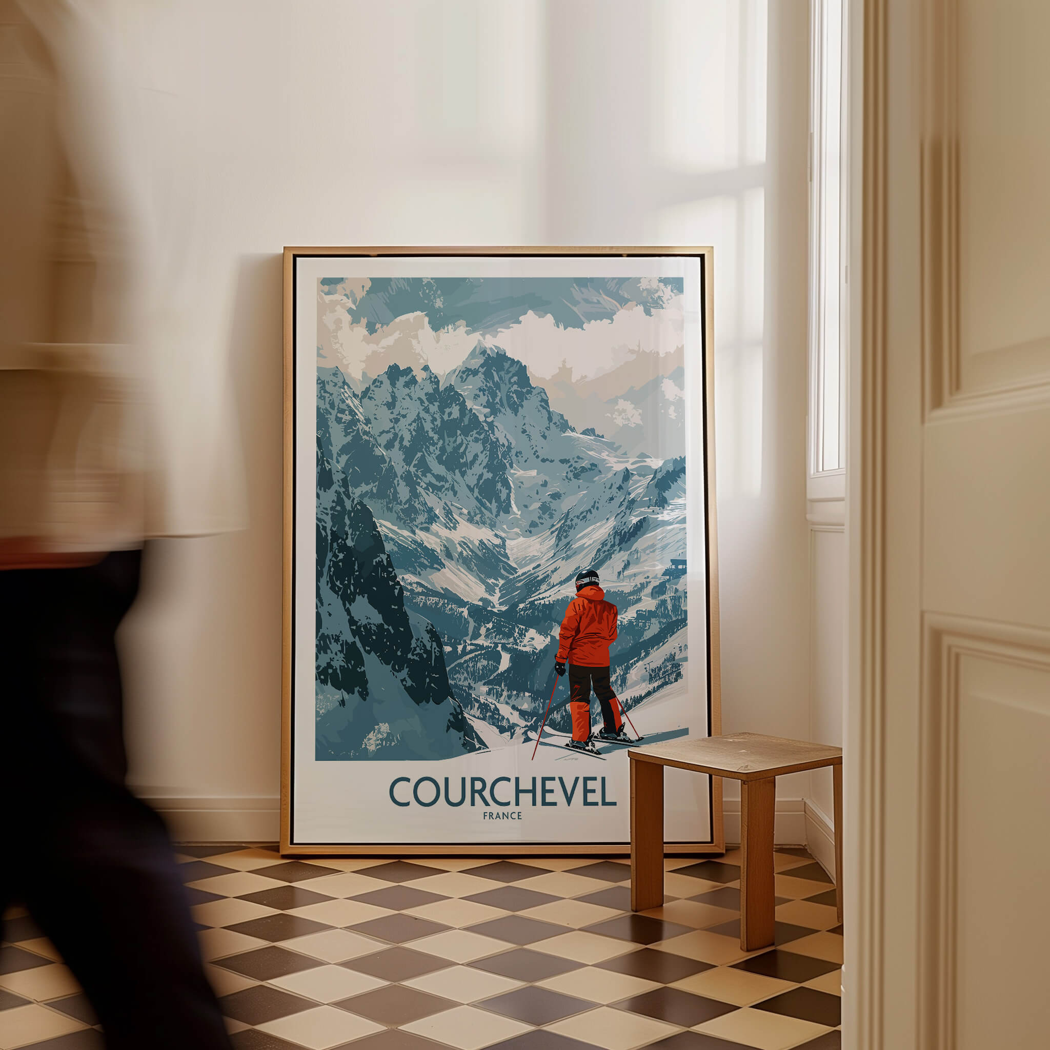 Courchevel Wall Art showcasing a skier in the French Alps, elegant home decor piece.