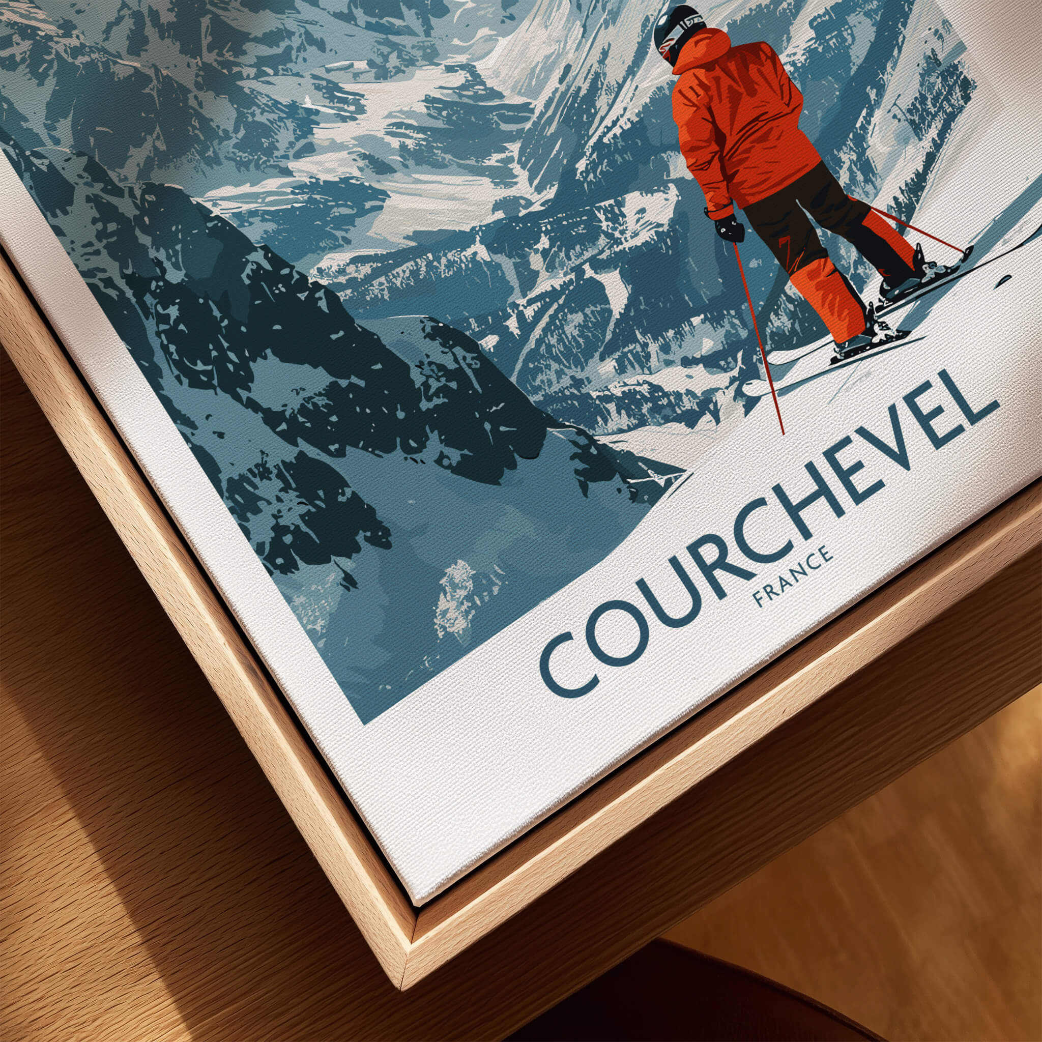 Stunning Courchevel Wall Art featuring a skier in the French Alps, showcasing elegance and adventure.