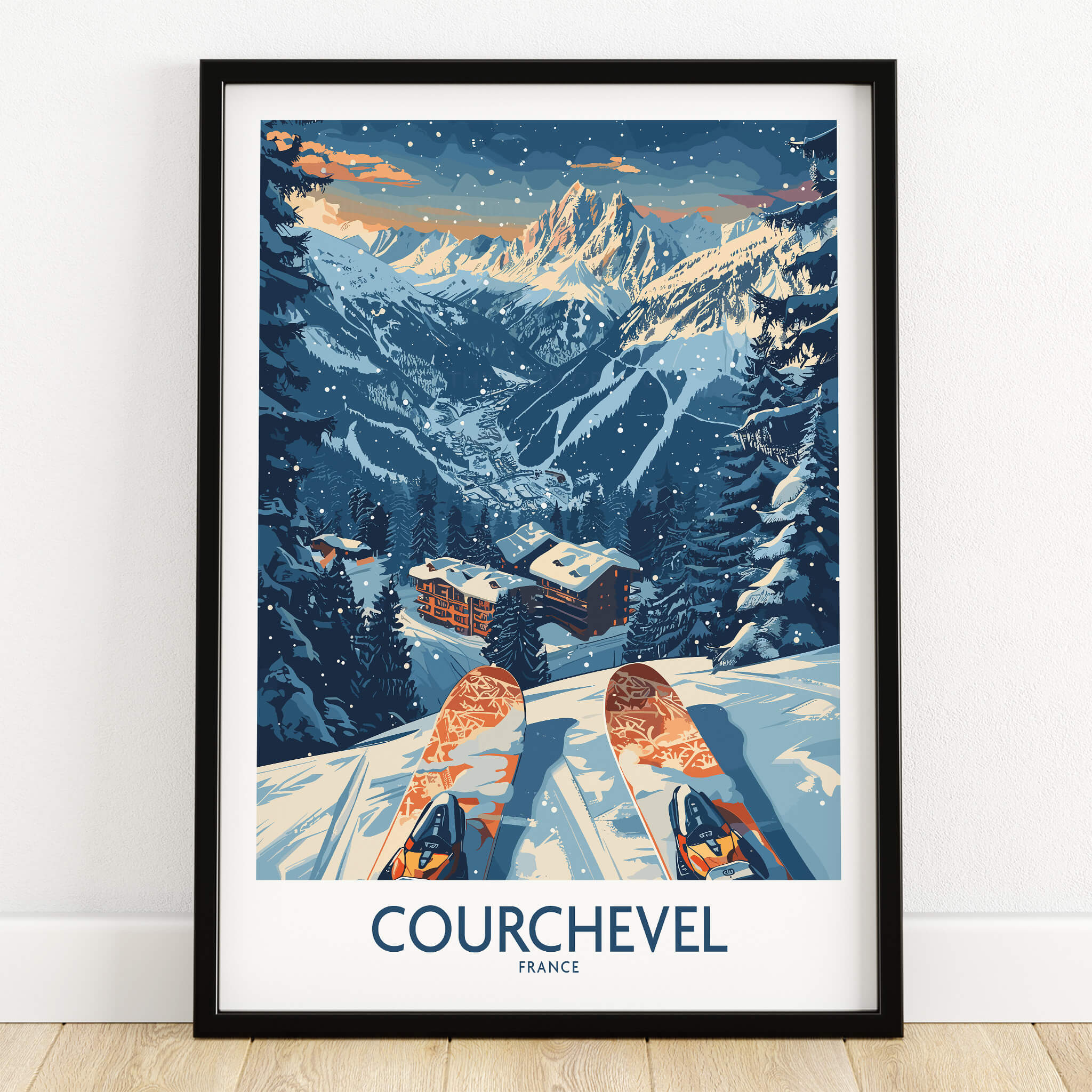 Courchevel Poster France showcasing breathtaking ski landscapes and snowy mountains.