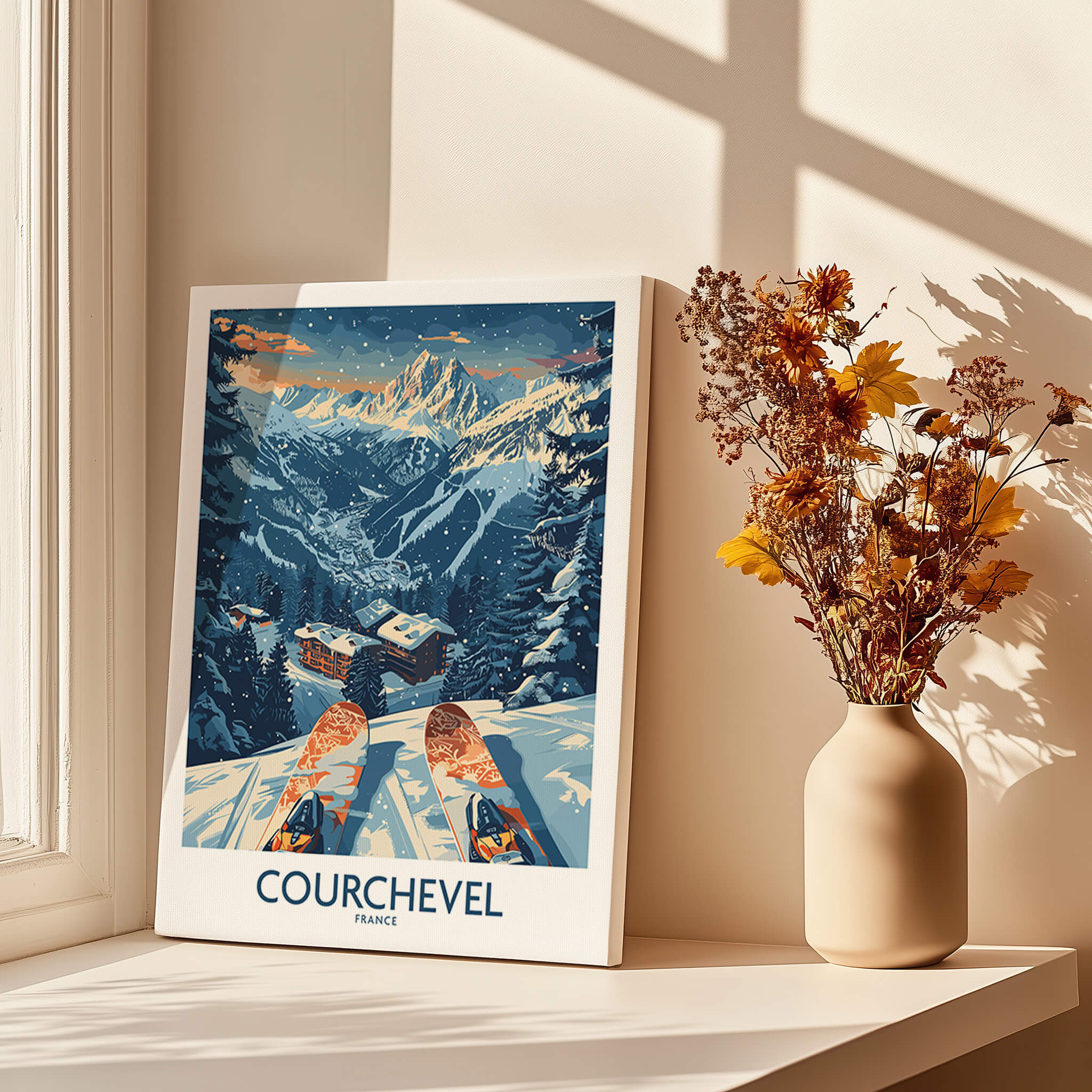 Courchevel Poster France displaying a stunning ski landscape in a sunny room with decorative flowers.