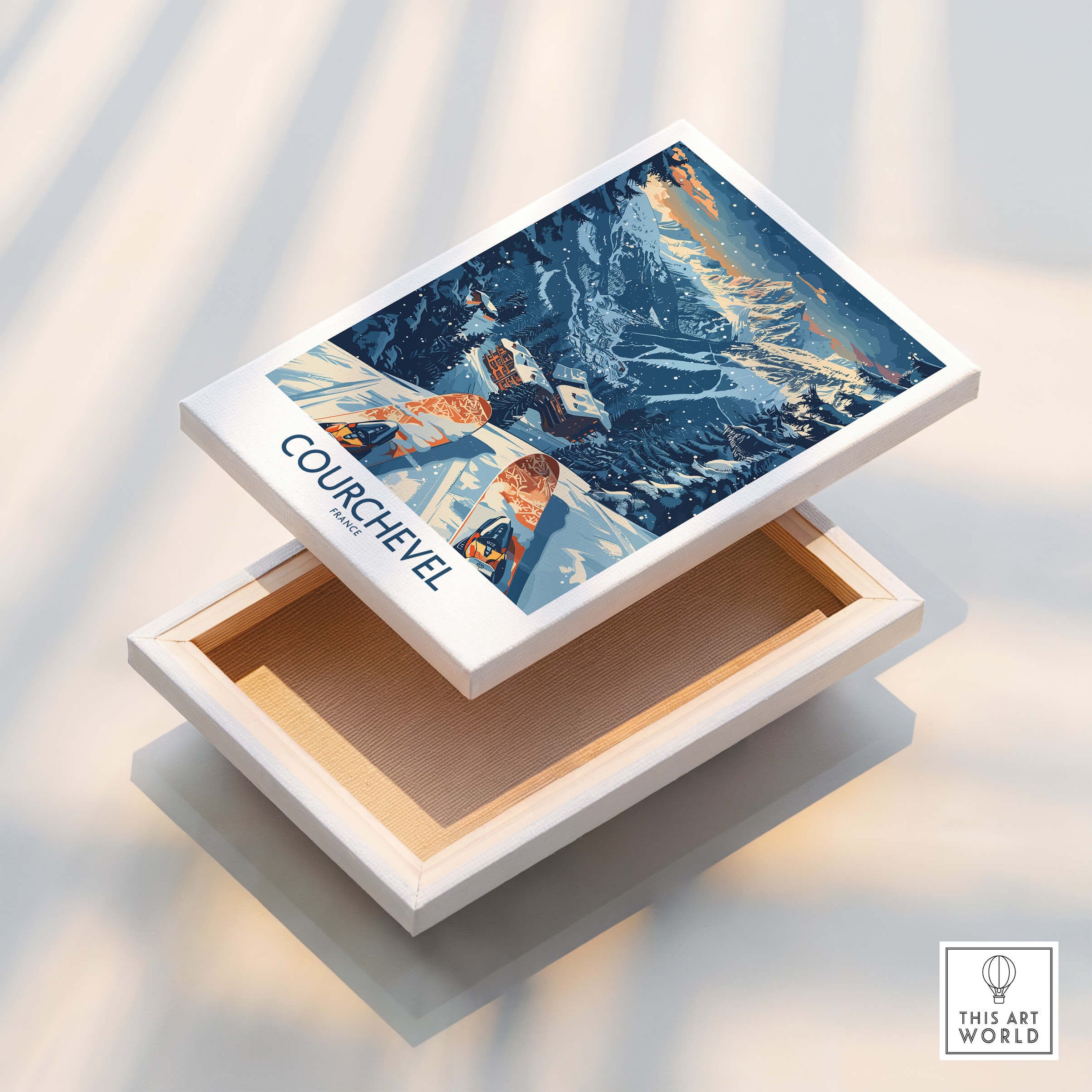 Courchevel Poster France displayed on a decorative box showcasing winter ski vibes and stunning mountain scenery.