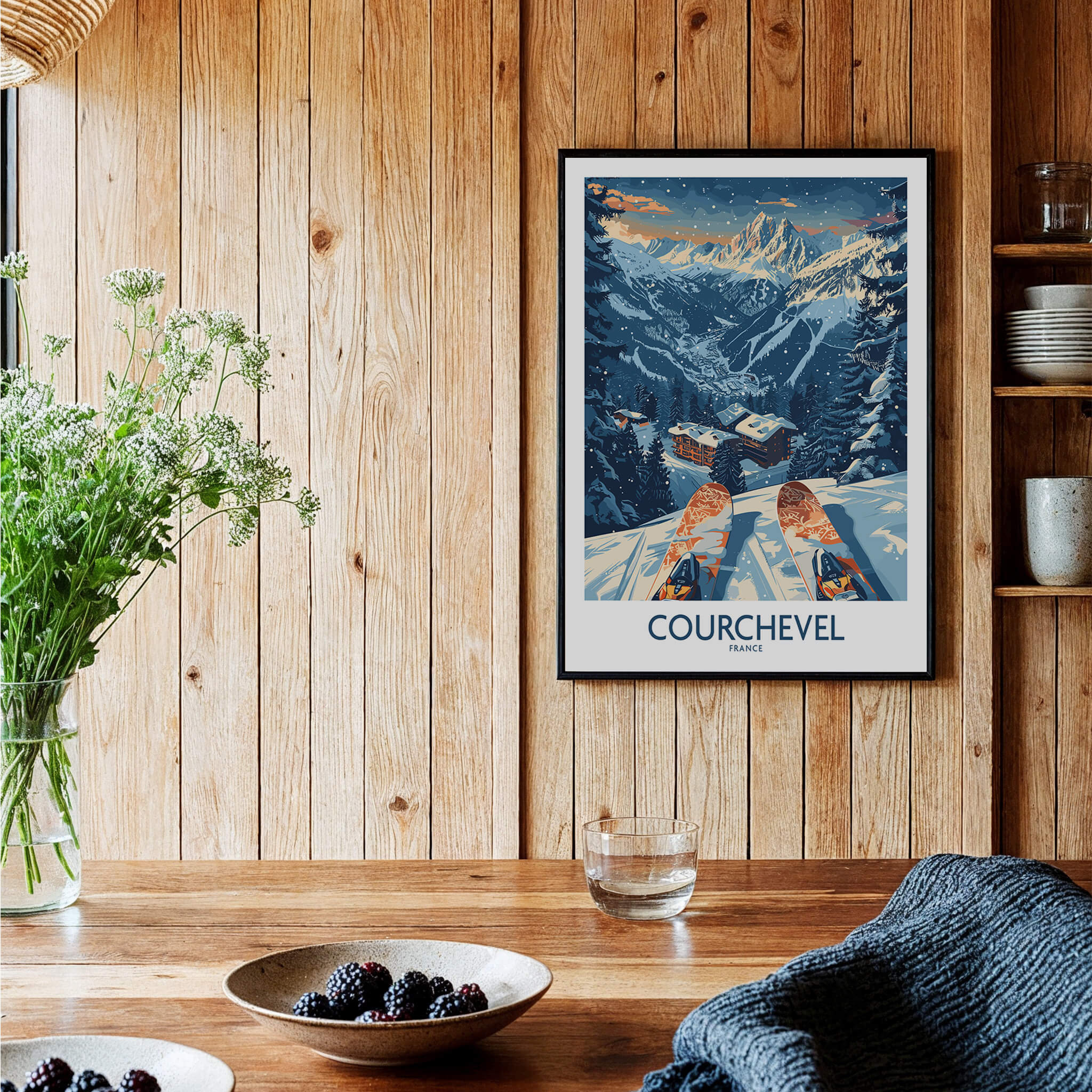 Courchevel Poster France displayed in a cozy interior, showcasing stunning ski landscape and elegant home decor.