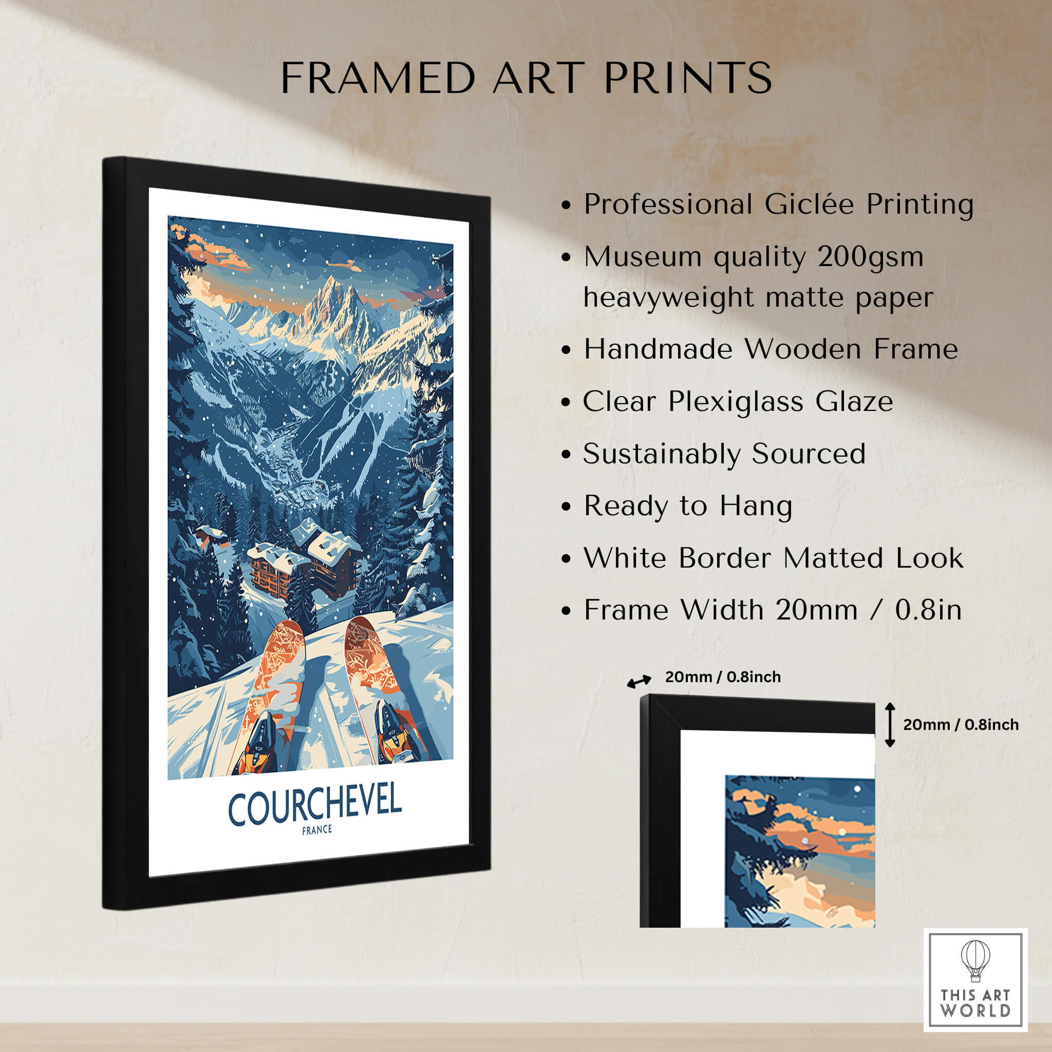 Courchevel Poster France framed art print showcasing a stunning ski scene with professional Giclée printing.