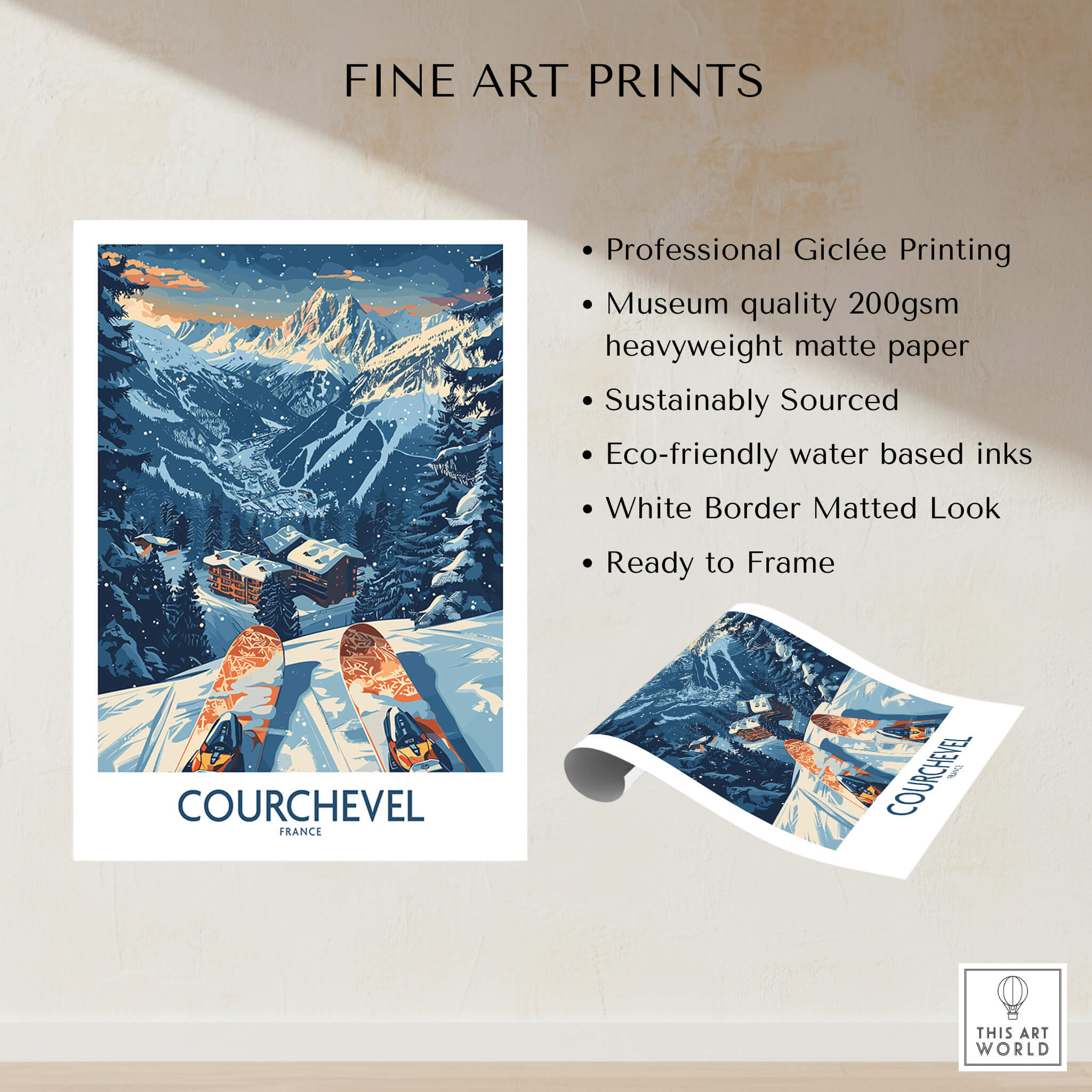 Courchevel Poster France showcasing stunning mountain landscapes and skiers, perfect for home decor.