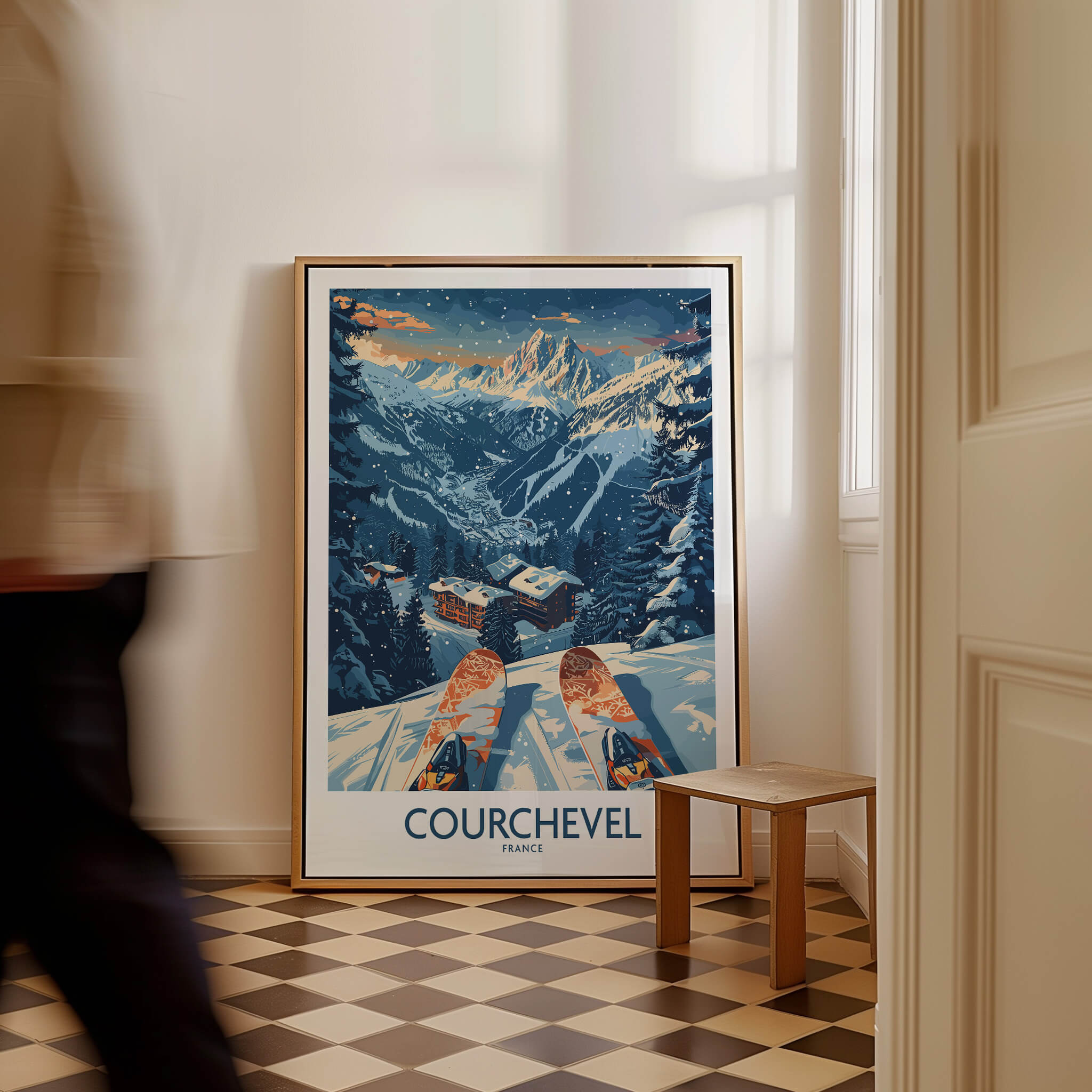 Courchevel Poster France displayed in a stylish home setting, highlighting stunning ski landscapes.