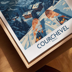 Courchevel Poster France featuring skiers descending snowy slopes with mountain scenery.