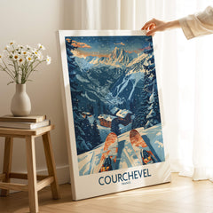 Courchevel Poster France featuring stunning snowy mountains and ski scenery for home decor.