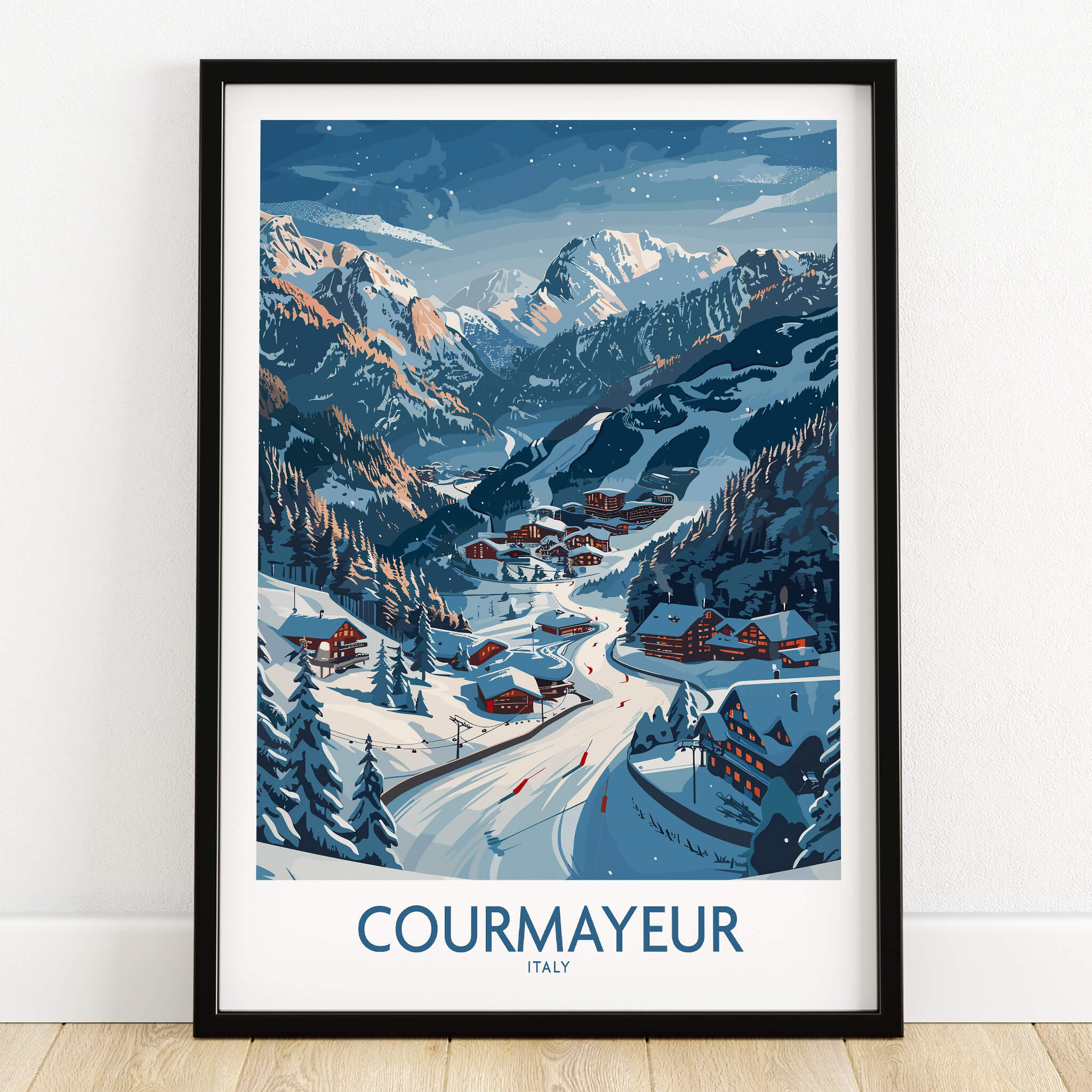 Courmayeur Ski Print - Italy showcasing vibrant slopes and picturesque mountains in a stunning wall art design.