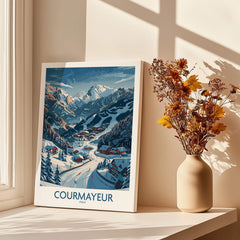 Courmayeur Ski Print - Italy featuring a scenic winter landscape and cozy village in the mountains.