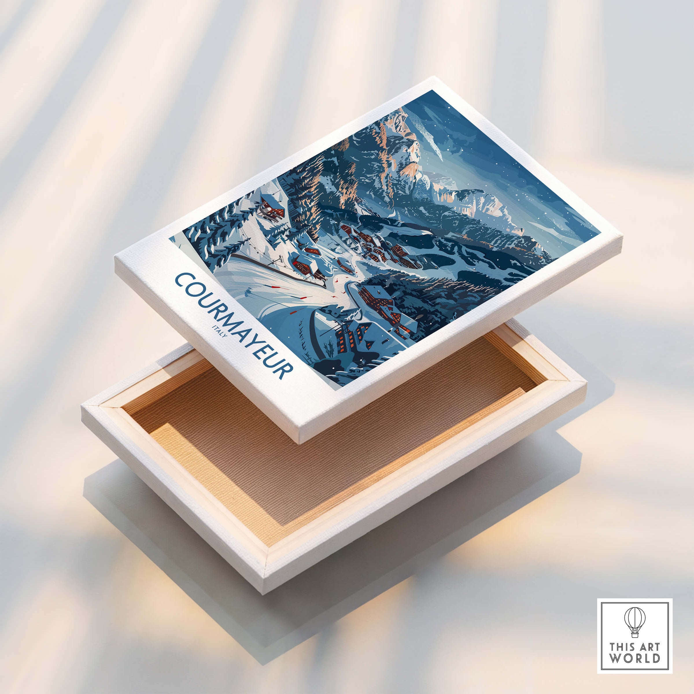 Courmayeur Ski Print - Italy displayed on a wooden box, showcasing a vibrant winter landscape in Courmayeur.