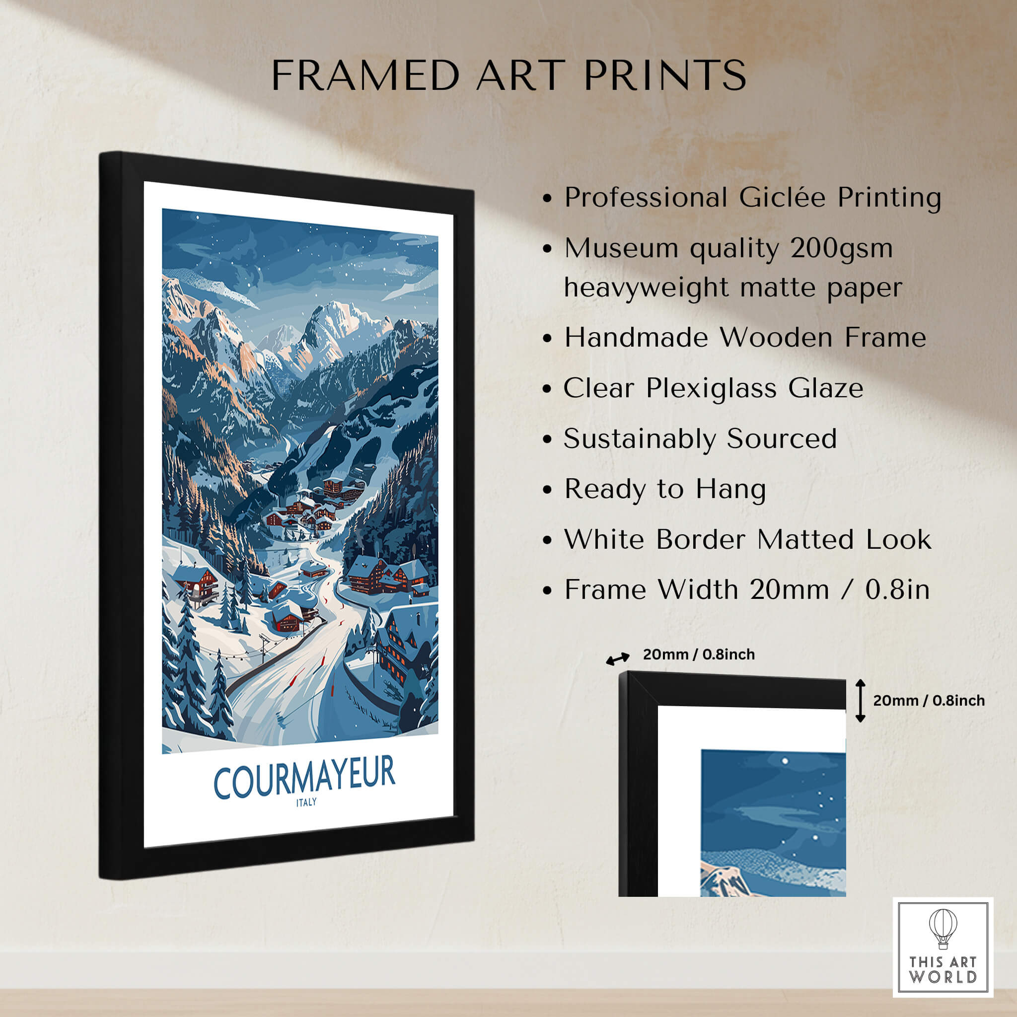 Courmayeur Ski Print - Italy framed art print showcasing snowy slopes and mountains in vibrant colors.