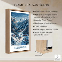Framed Courmayeur Ski Print - Italy showcasing vibrant colors, handmade wooden frame, and professional giclée printing.