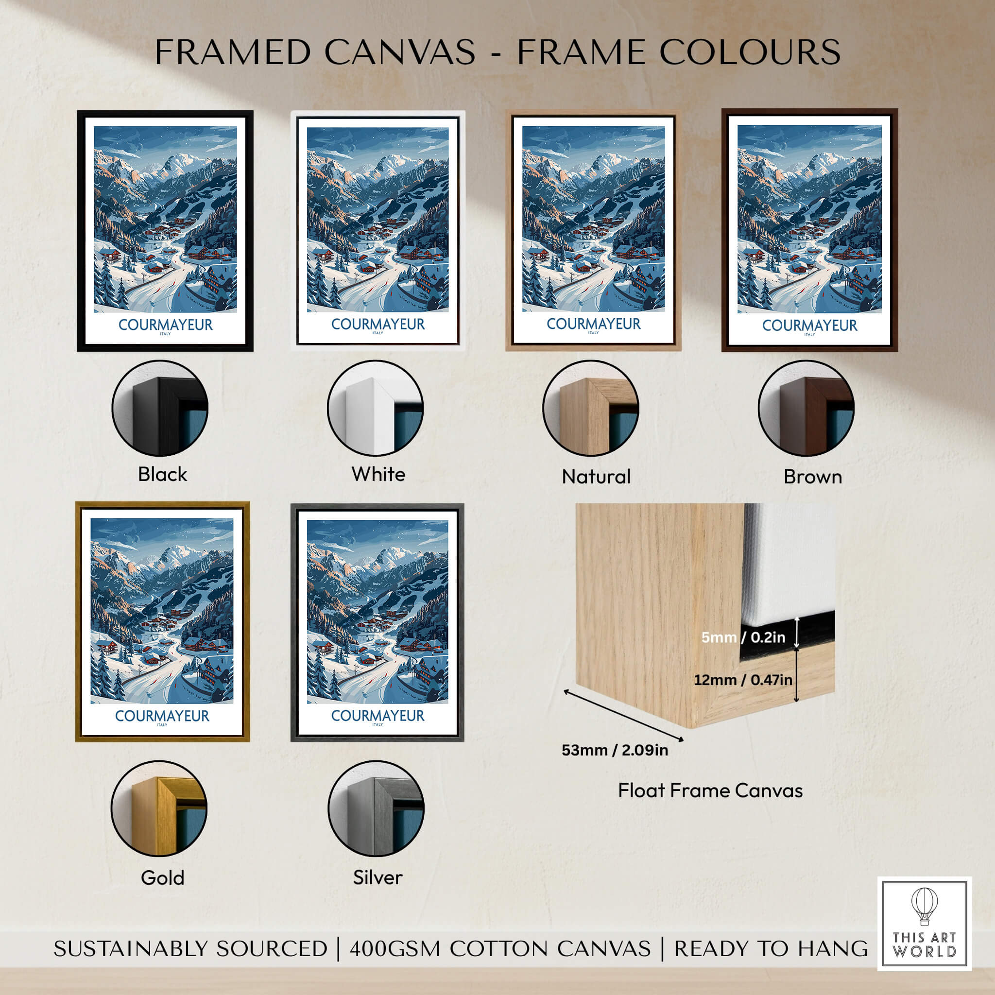 Framed Courmayeur Ski Print - Italy in various frame colors including black, white, natural, brown, gold, and silver.