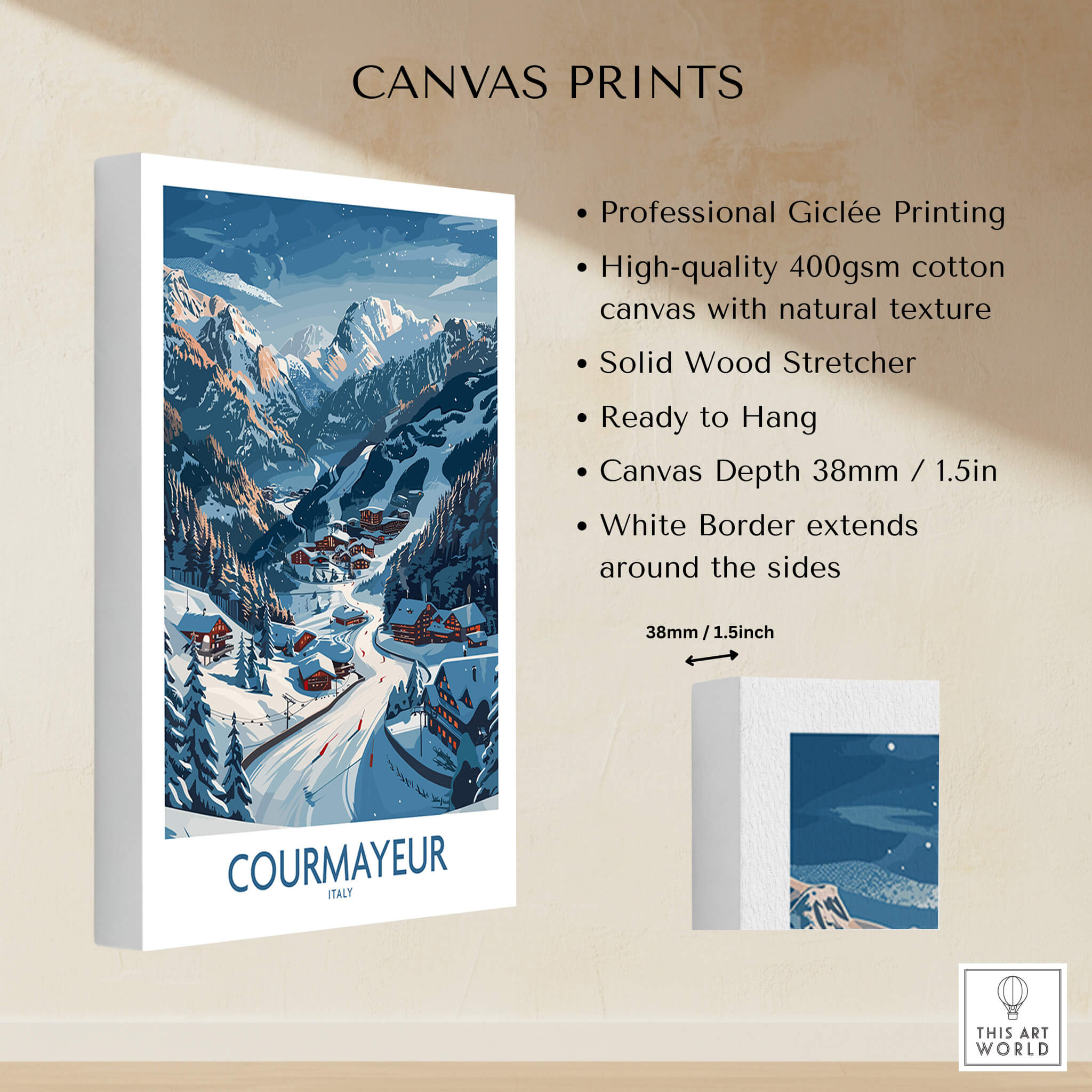 Courmayeur Ski Print - Italy, vibrant canvas print showcasing beautiful ski slopes in Courmayeur, Italy. Perfect for ski enthusiasts.