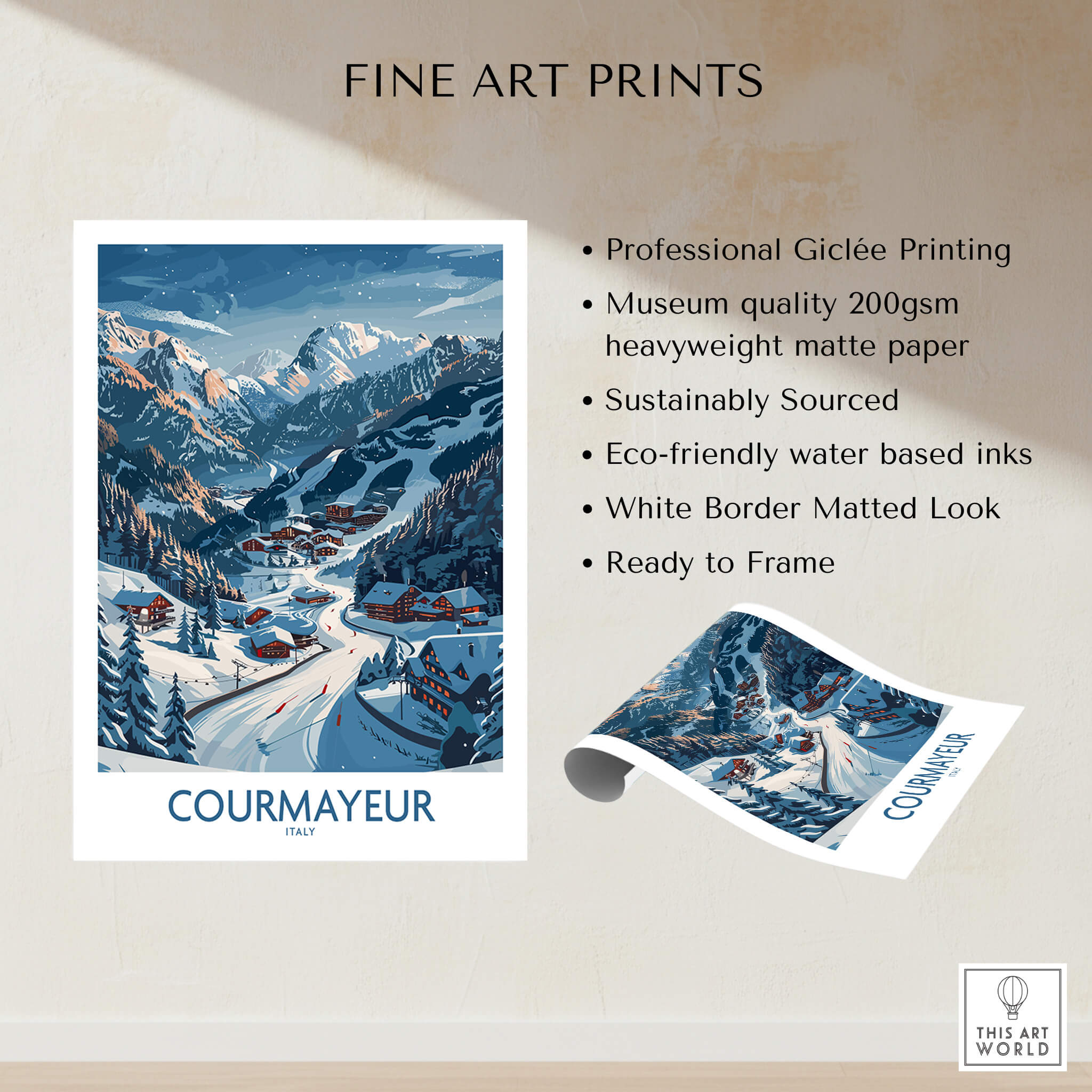 Courmayeur Ski Print - Italy displayed as fine art print showcasing skiing in the beautiful slopes of Courmayeur, Italy.