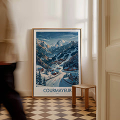 Courmayeur Ski Print - Italy framed art in a cozy interior with snow-covered mountains and skiing scenery.