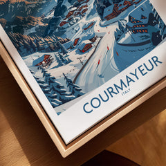 Courmayeur Ski Print -  Italy featuring snow-covered slopes and charming chalets in a vibrant design.