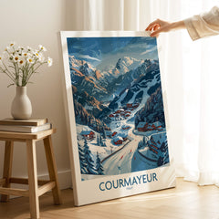 Courmayeur Ski Print - Italy showcasing a beautiful snowy landscape with pine trees and charming alpine houses.
