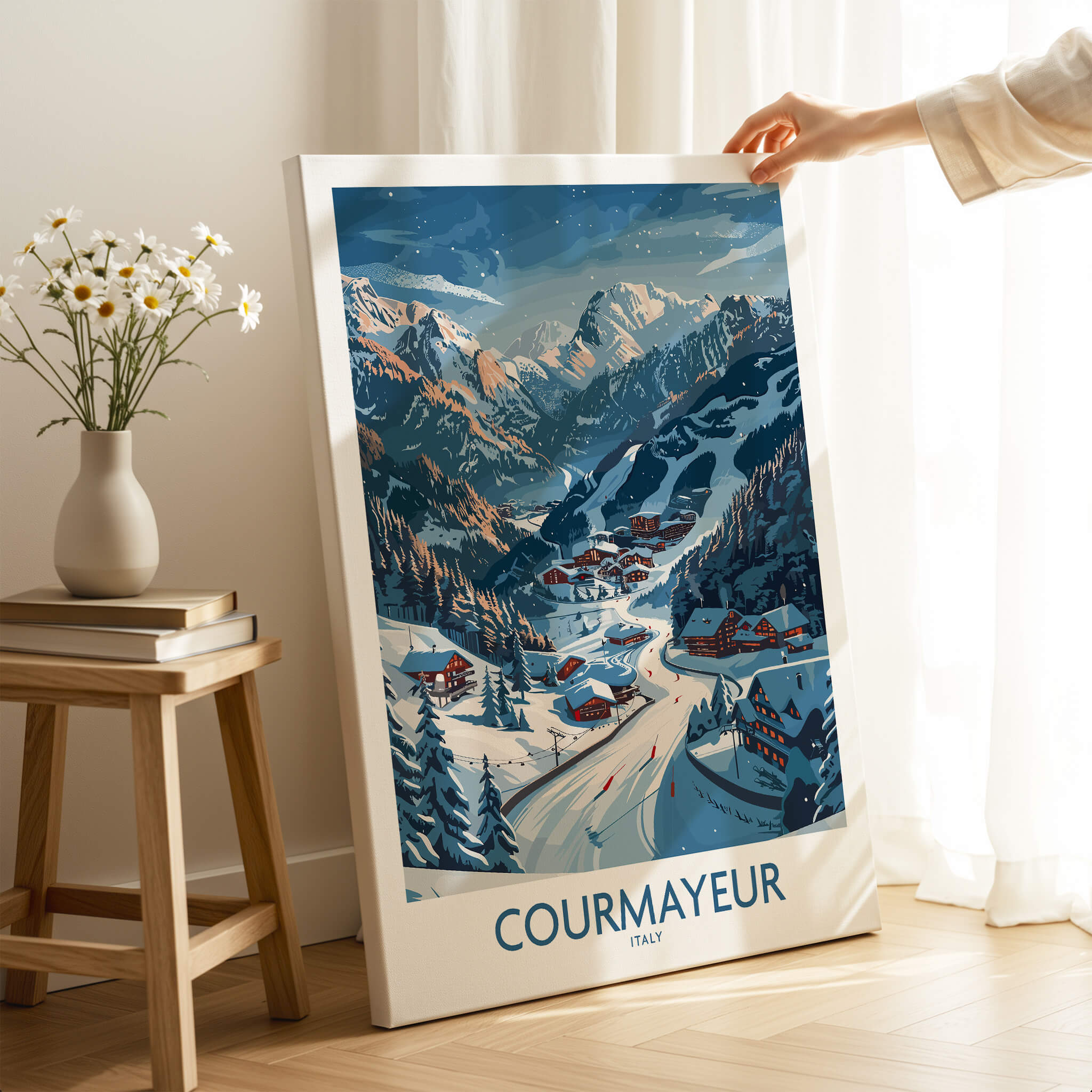 Courmayeur Ski Print - Italy showcasing a beautiful snowy landscape with pine trees and charming alpine houses.
