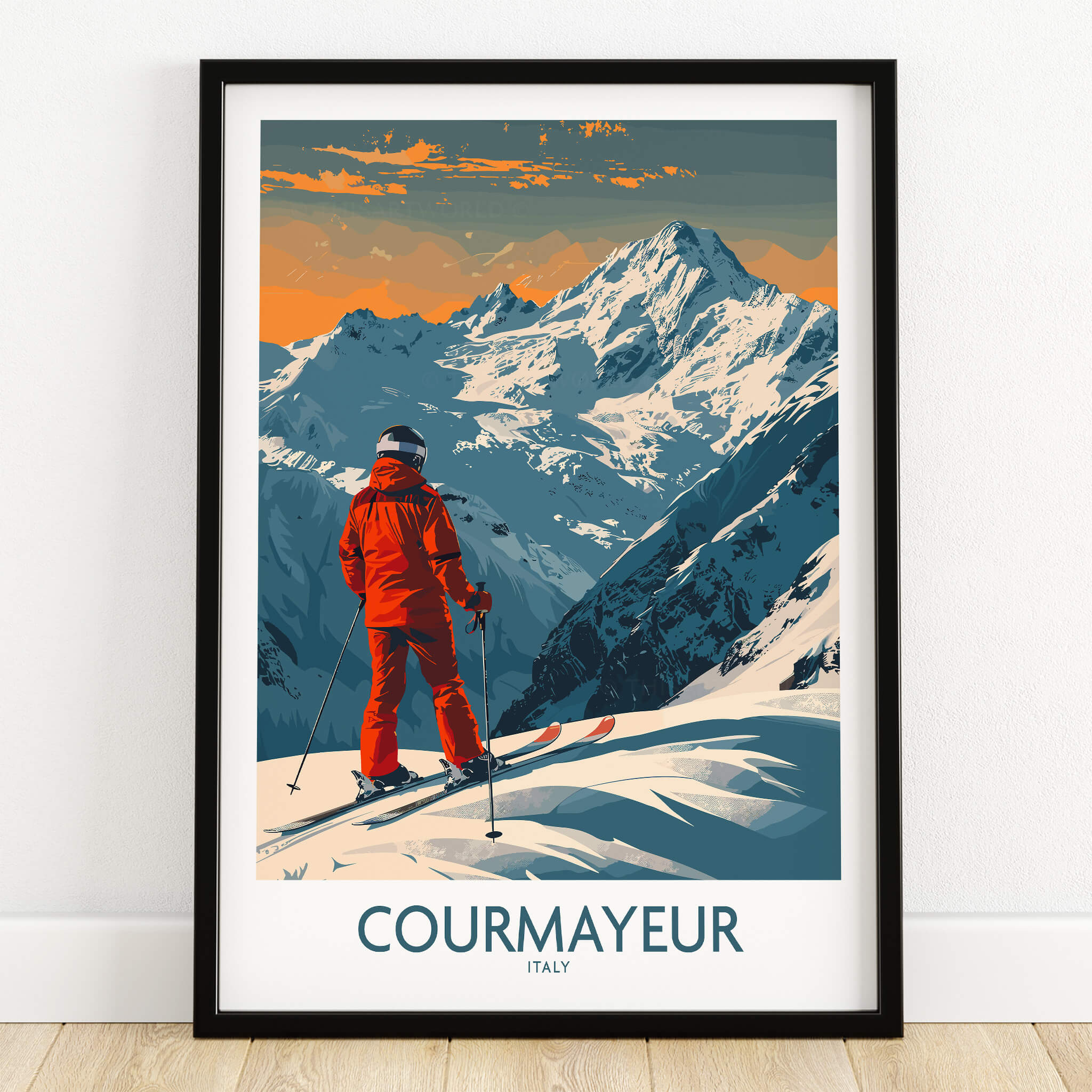 Courmayeur Wall Art Print - Italy featuring a skier in front of majestic mountains and a sunset backdrop.