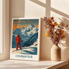 Courmayeur Wall Art Print -  Italy featuring a skier against a stunning mountain backdrop in a cozy interior setting.