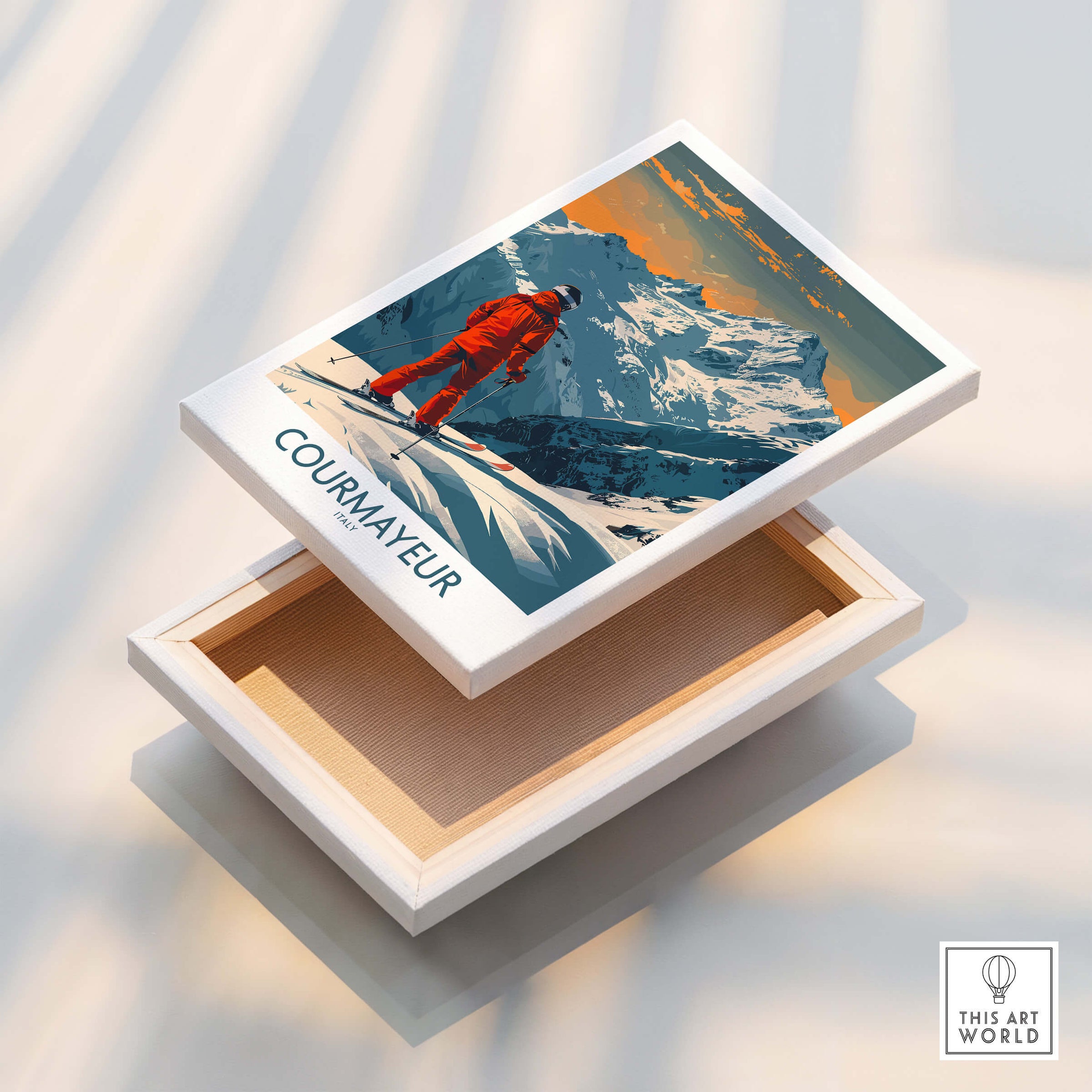 Courmayeur Wall Art Print - Italy showcasing a skier on a snowy mountain in Courmayeur, perfect for ski enthusiasts.