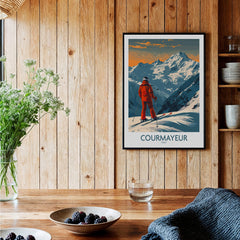 Courmayeur Wall Art Print - Italy featuring a skier in the Alps, perfect for ski enthusiasts and home decor.