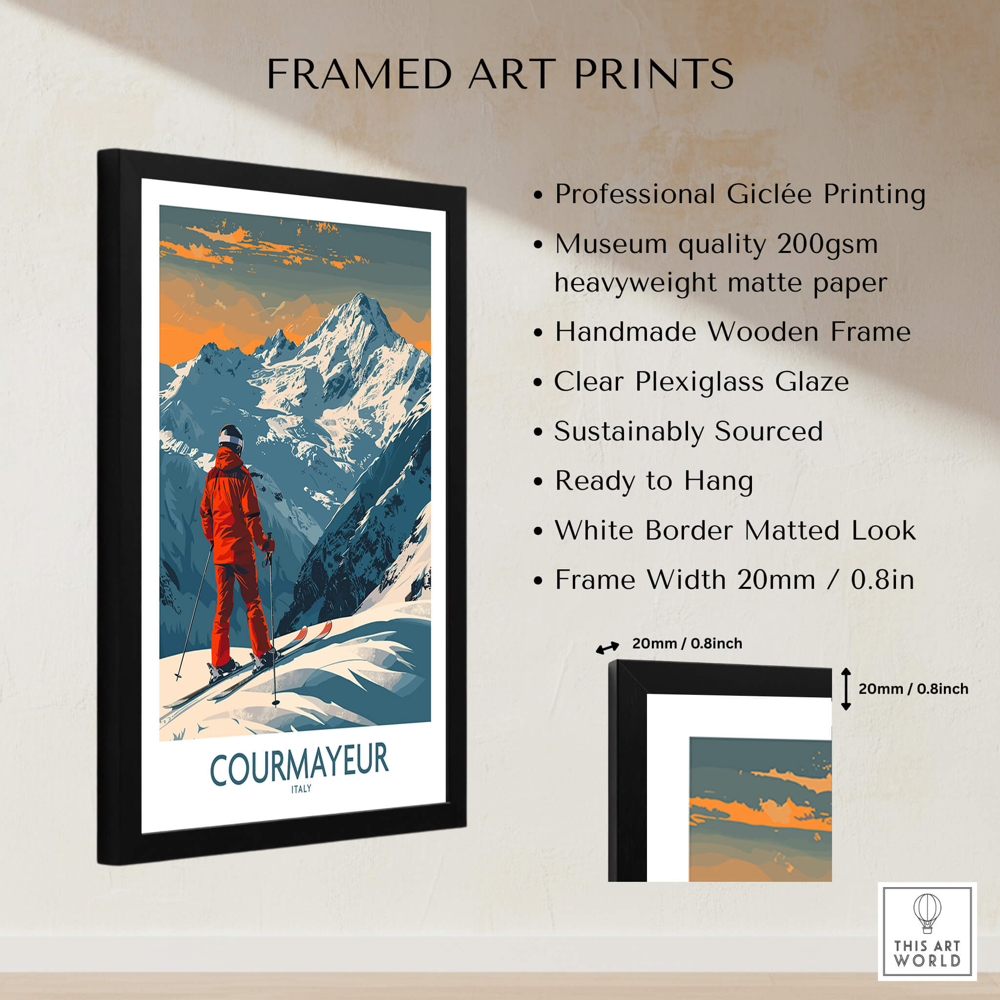 Courmayeur Wall Art Print - Italy displayed in a framed art print showcasing skiing in the Italian Alps.
