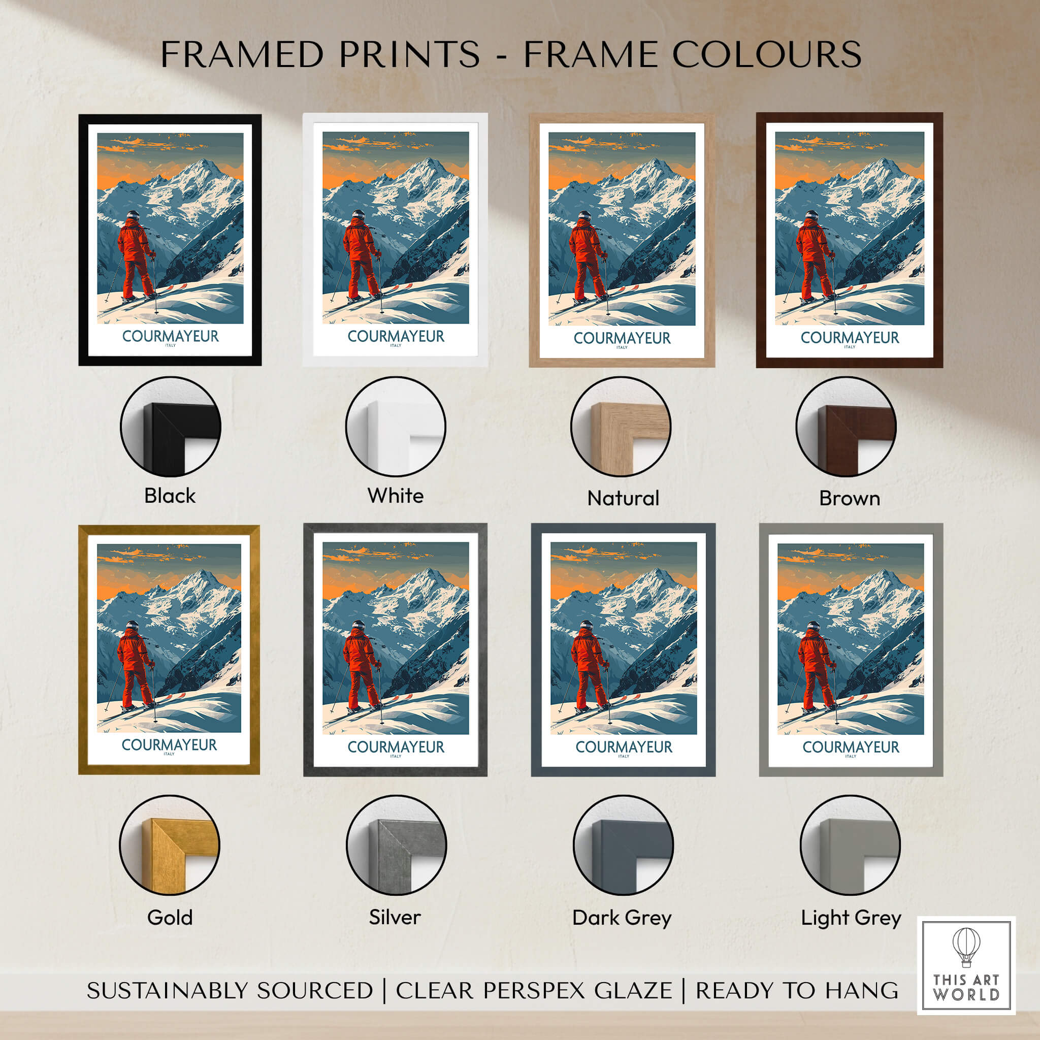 Courmayeur Wall Art Print - Italy framed print color options including black, white, natural, brown, gold, silver, dark grey, light grey.